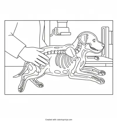 A coloring page of an x ray of a puppy at the vet
