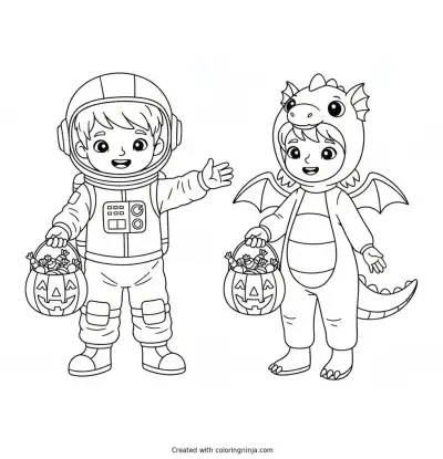 Trick or Treat Costume Friends Coloring Page