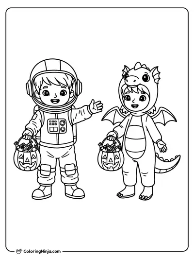 Trick or Treat Costume Friends Coloring Page