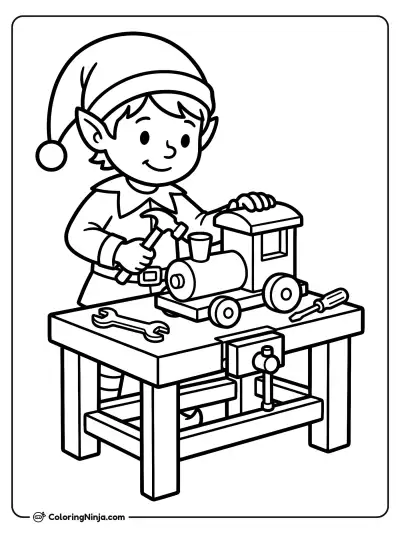 Elf Assembling a Train Coloring Page