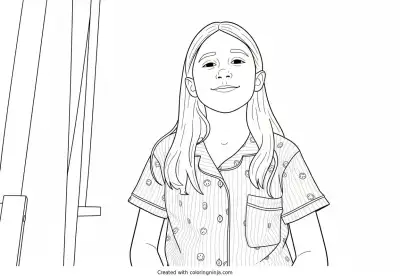 Young Girl in Pink Striped Pajamas Smiling Coloring Page