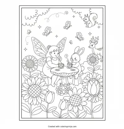 A Fairy and Her Woodland Friends Coloring Page