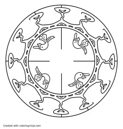 A coloring page of Zodiac wheel with geckos and ftogs