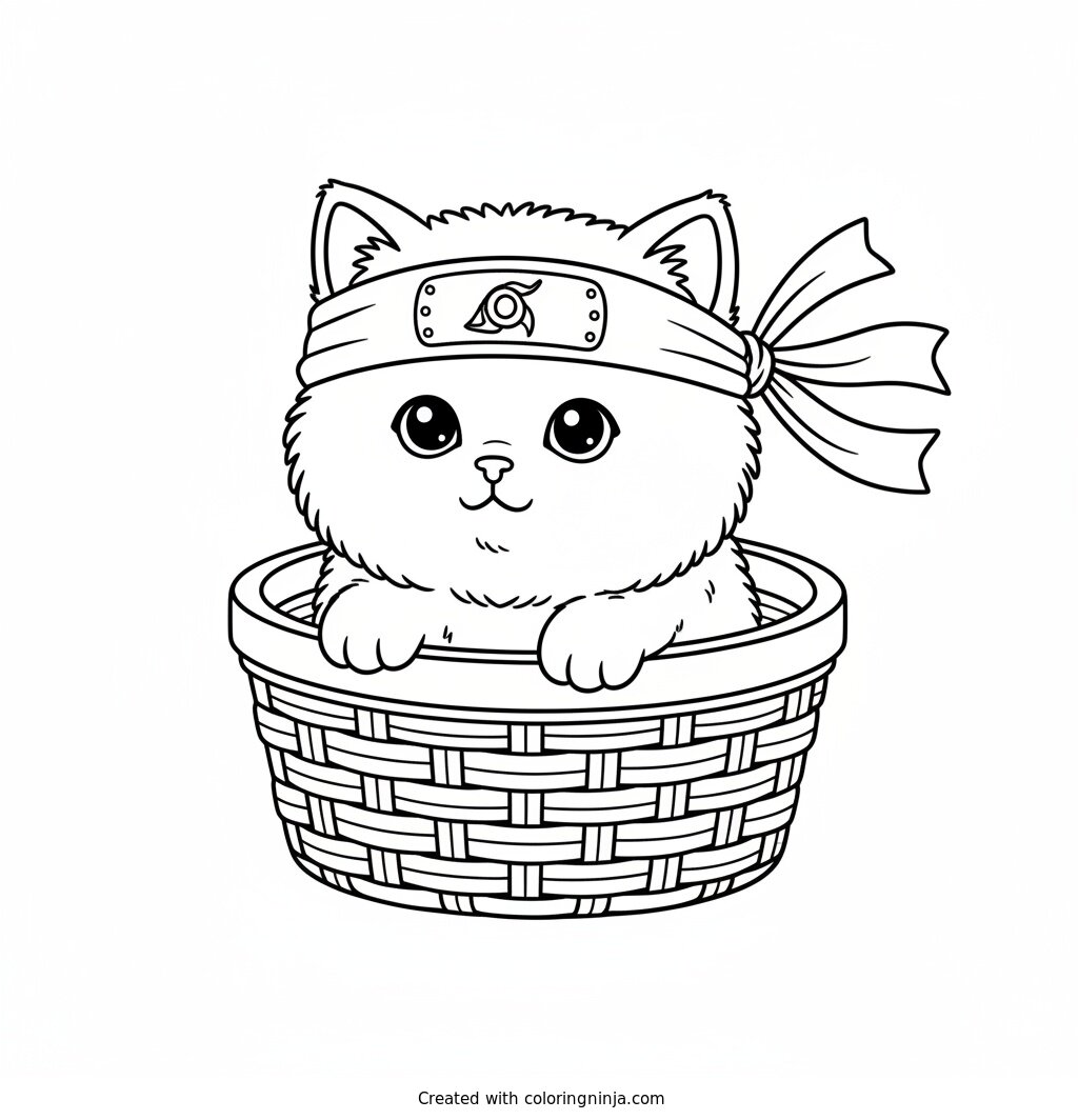 Little Kitten in a Basket Coloring Page