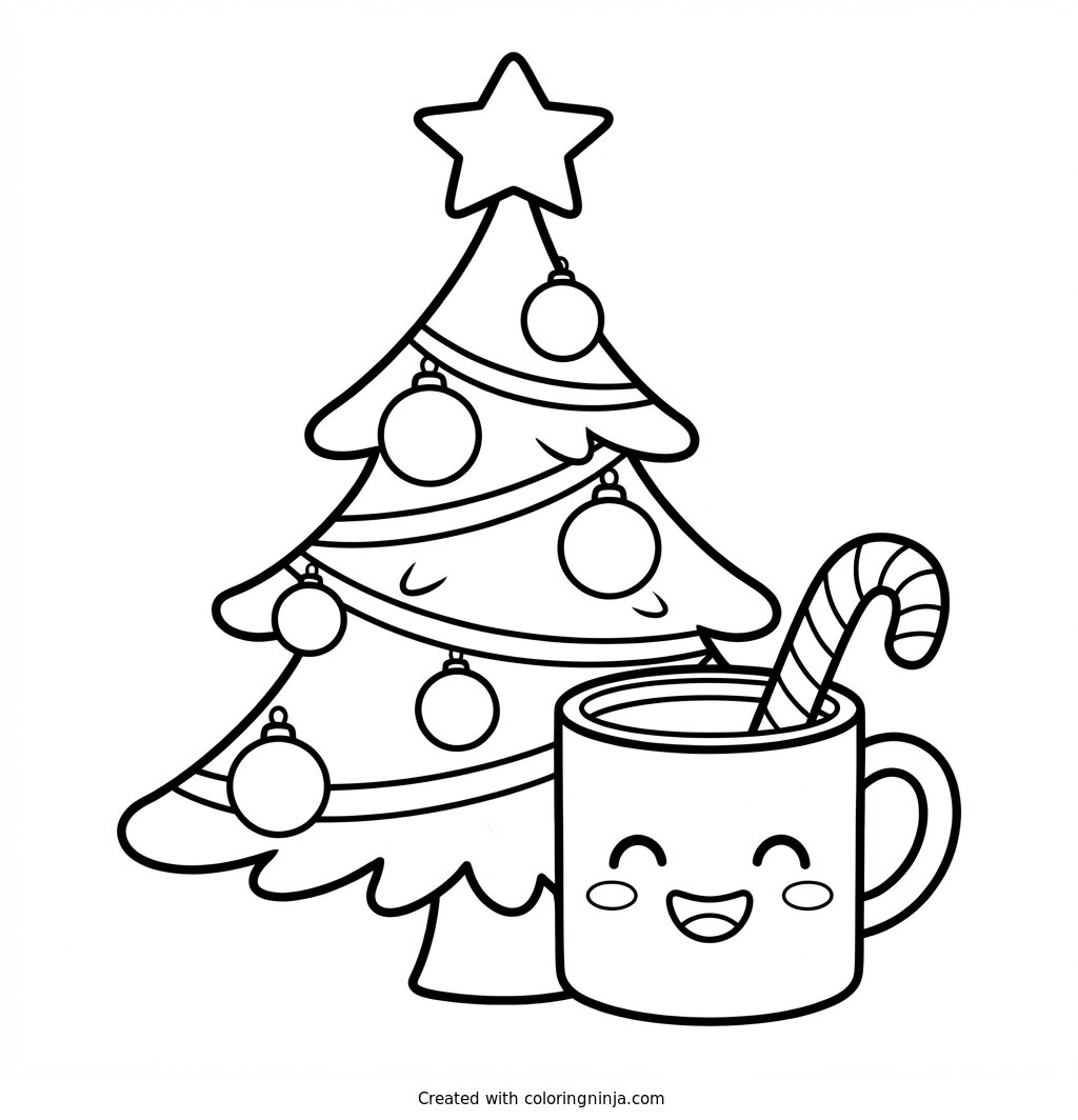 Coloring page of "Tis the Season" with Christmas Tree and Smiling Mug