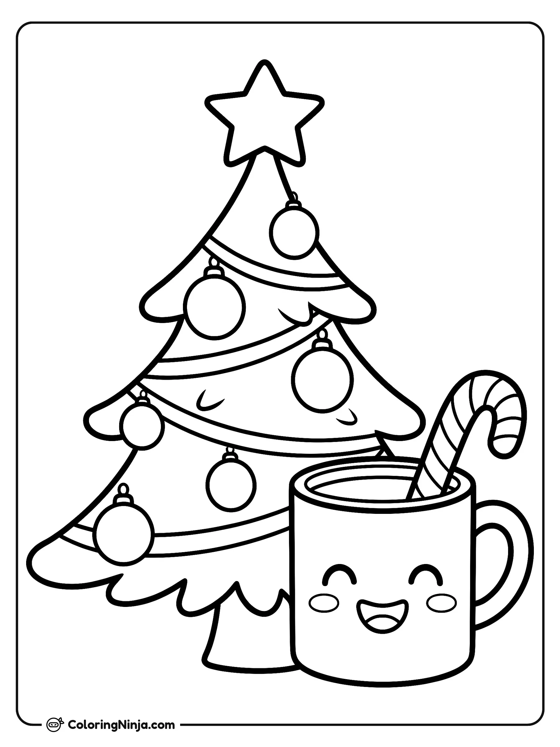 A Cozy Christmas Tree and Mug Coloring Page: This coloring page features a Christmas tree and a smiling mug alongside the phrase "'Tis the Season".