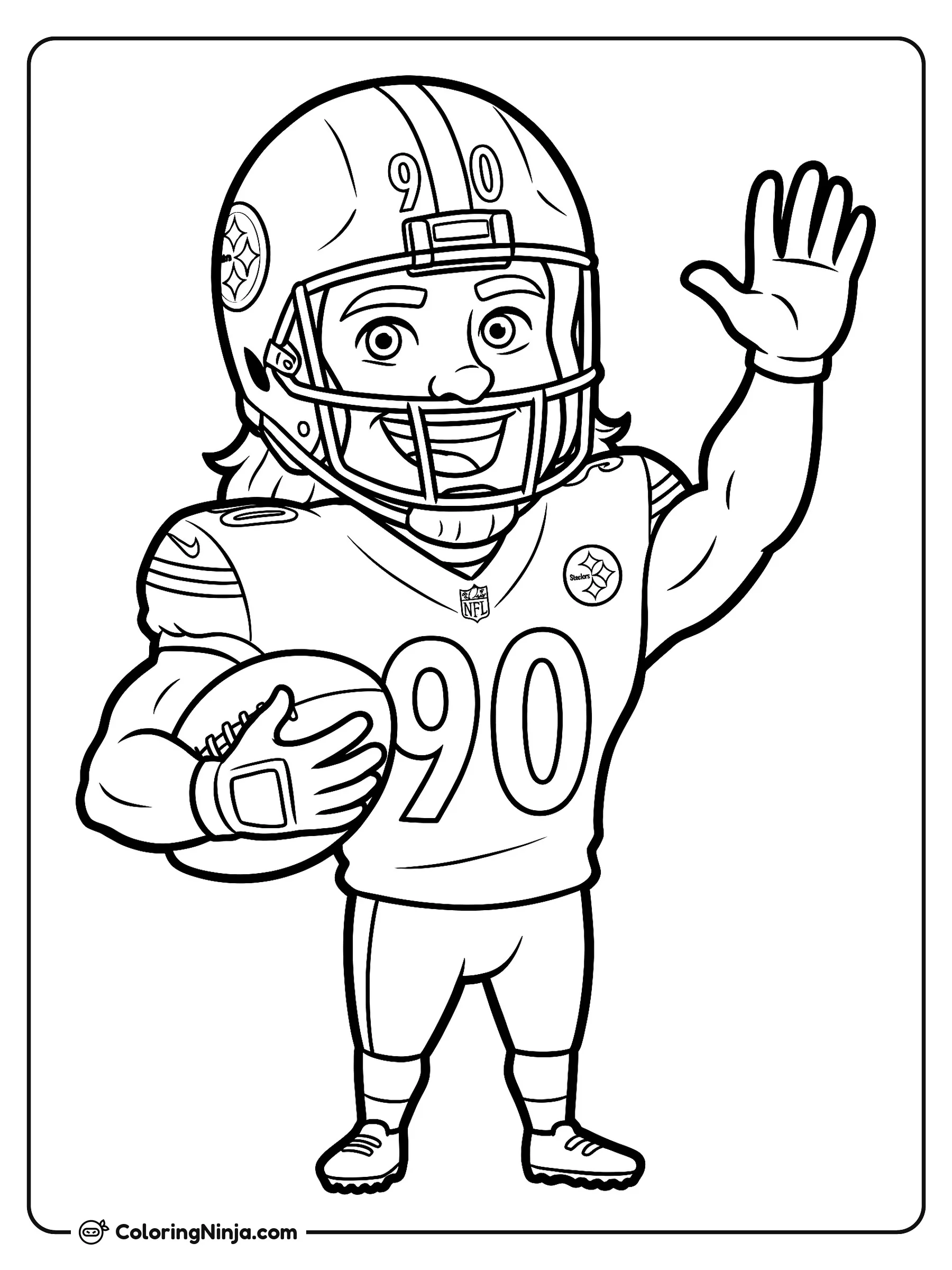 Estrella caricaturesca de T.J. Watt, dibujo para colorear: Un sonriente jugador de fútbol americano con el número 90 sostiene un balón bajo el brazo mientras saluda con la mano. Lleva su uniforme completo con casco, hombreras y tacos.