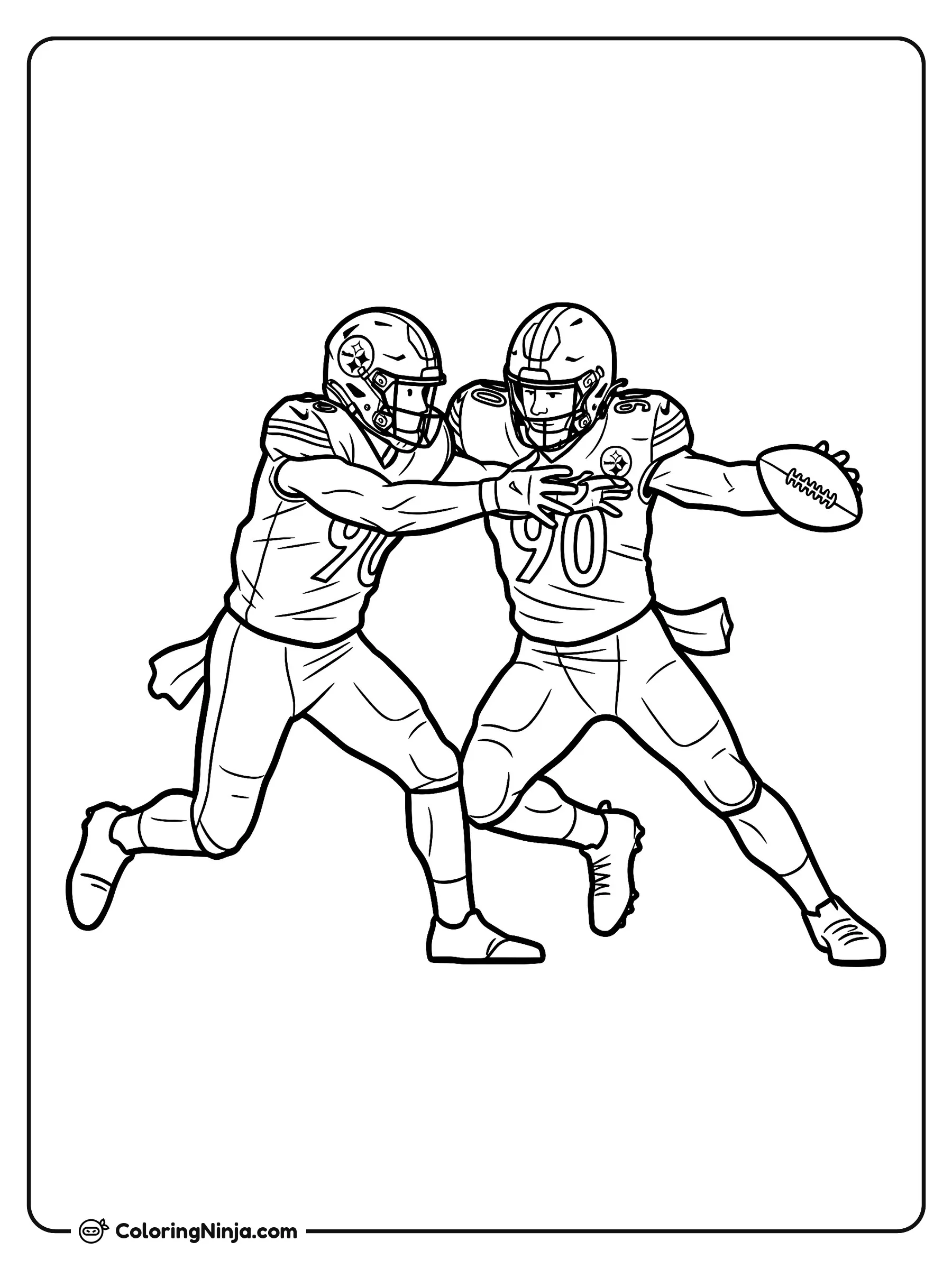 Acción de T.J. Watt en el campo, dibujo para colorear: La estrella del fútbol americano T.J. Watt se lanza hacia adelante con todo su equipo para arrebatarle el balón a un jugador rival en una jugada llena de energía.