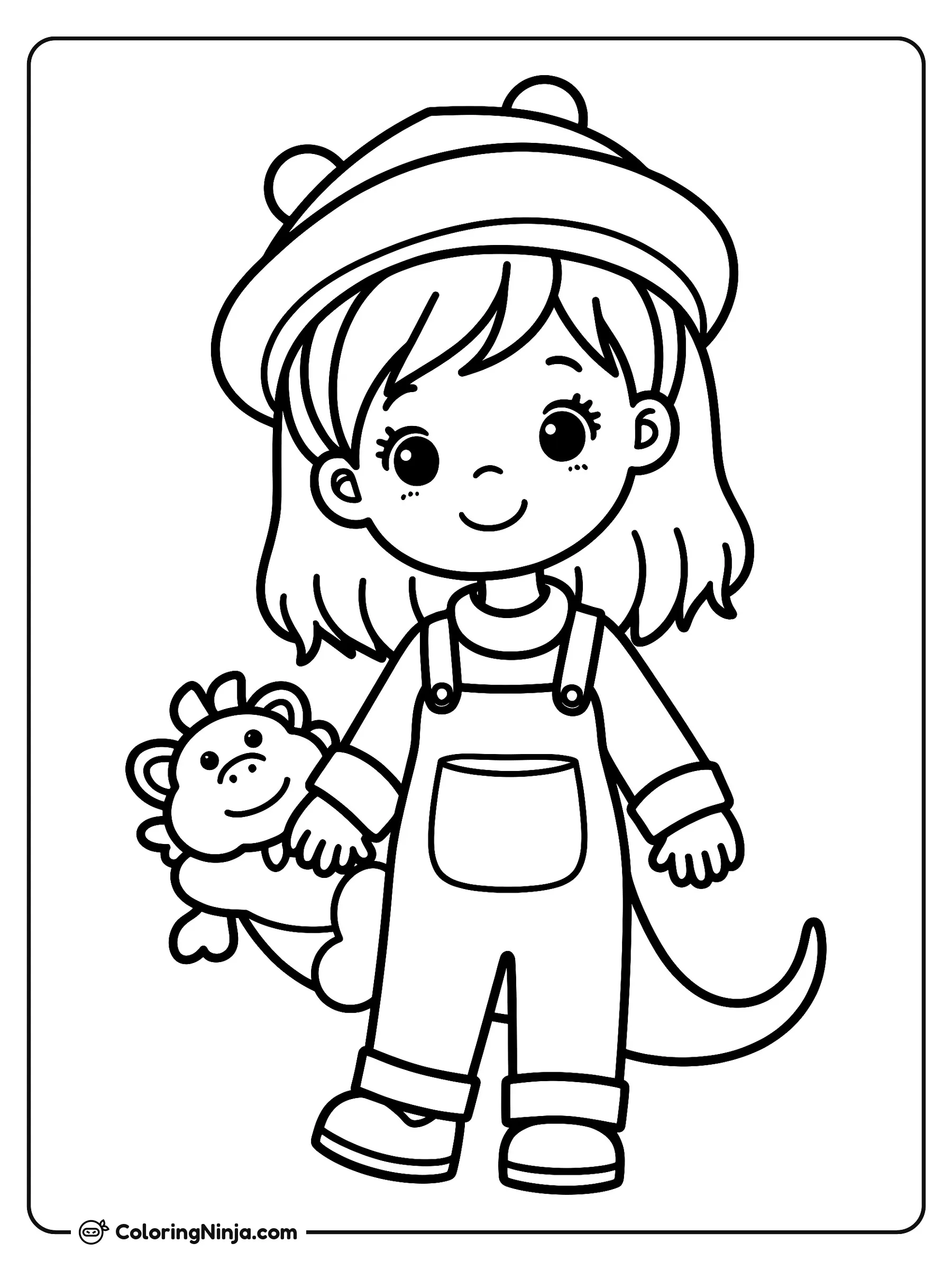 Niña sonriente con dragón de juguete, dibujo para colorear: Una niña pequeña y sonriente viste un lindo mameluco y un sombrero con orejitas de oso. Lleva abrazado un amigable dragón de juguete con espinas suaves y una cola curva.