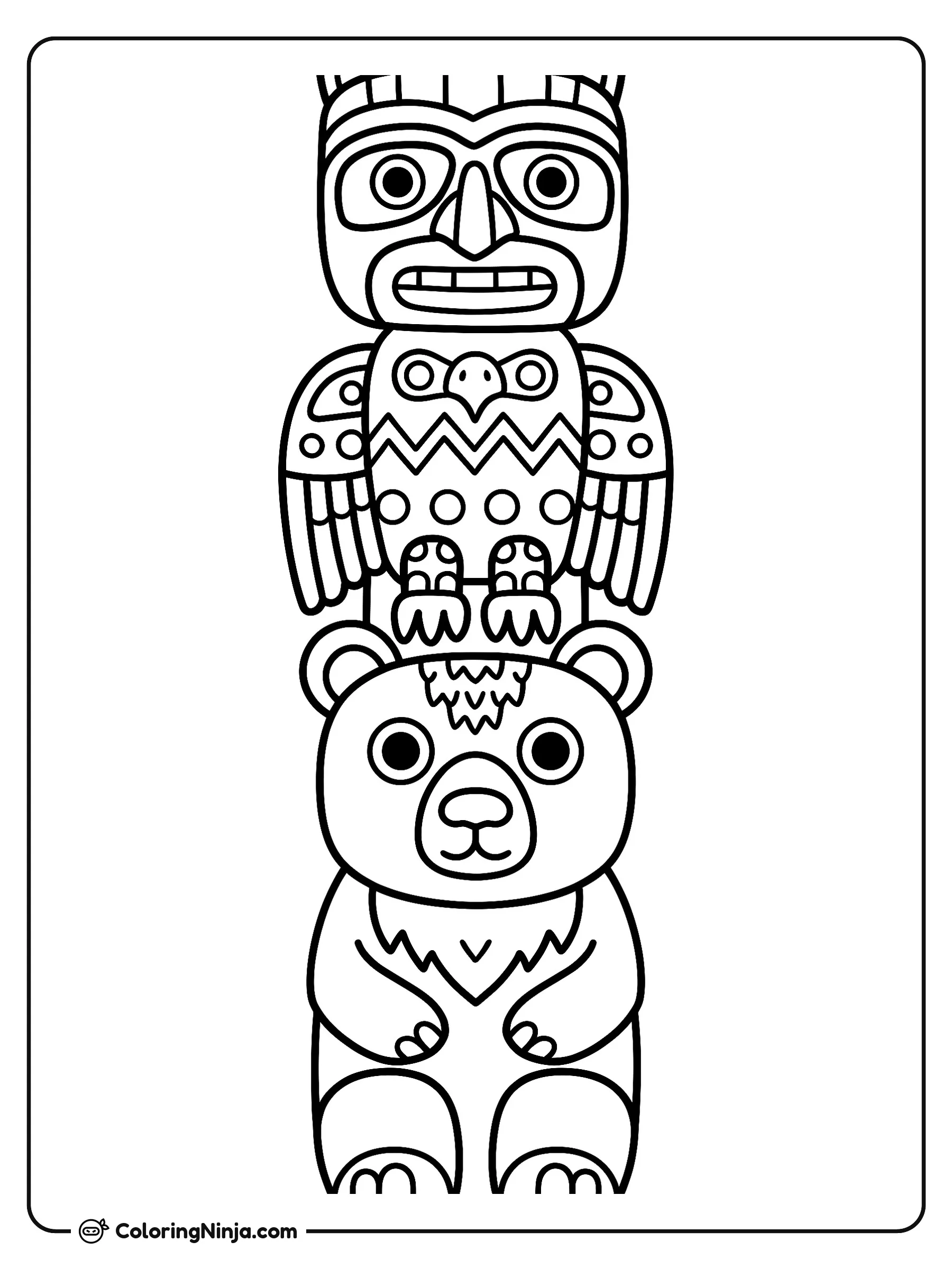 Tótem de Madera Tradicional, dibujo para colorear: Un tótem tradicional de madera muestra tres figuras de animales apiladas y talladas en el poste.