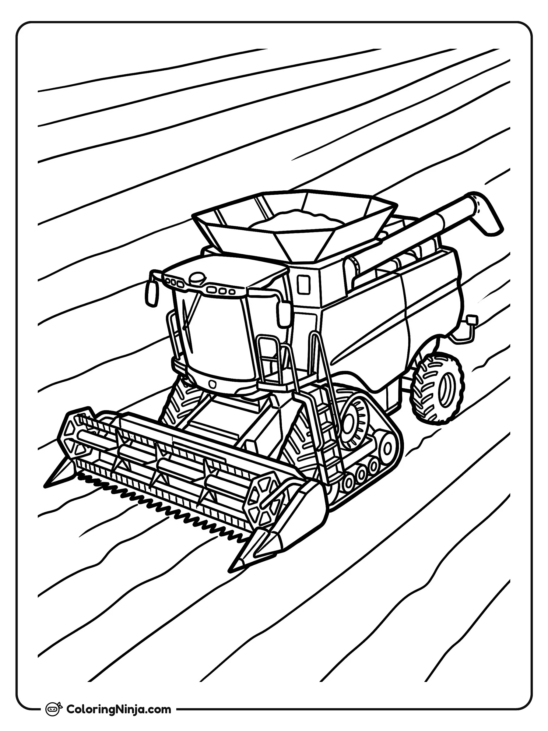 Cosechadora John Deere X9 1100 en el campo, dibujo para colorear: Una enorme cosechadora John Deere X9 1100 avanza a través de un amplio campo de cultivo. La máquina incluye grandes orugas frontales, un delantal recolector y un depósito lleno de granos.