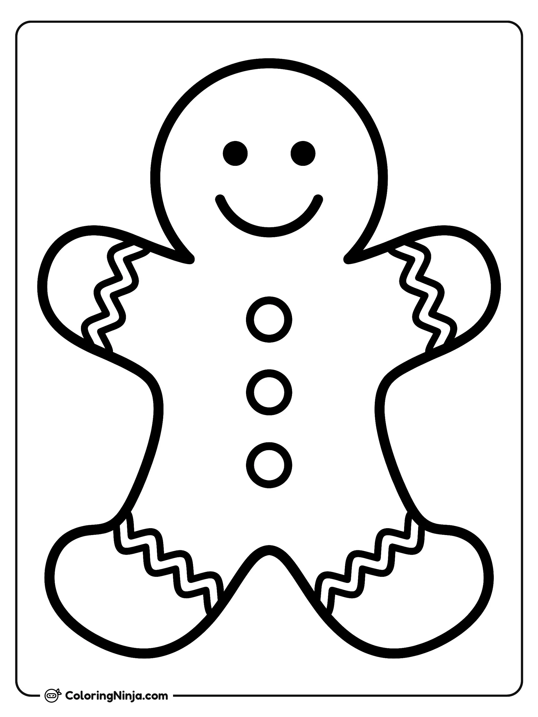 Classic Gingerbread Man Cookie Coloring Page: This page features a traditional gingerbread man cookie decorated with three large gumdrop buttons and zigzag icing along its arms and legs.