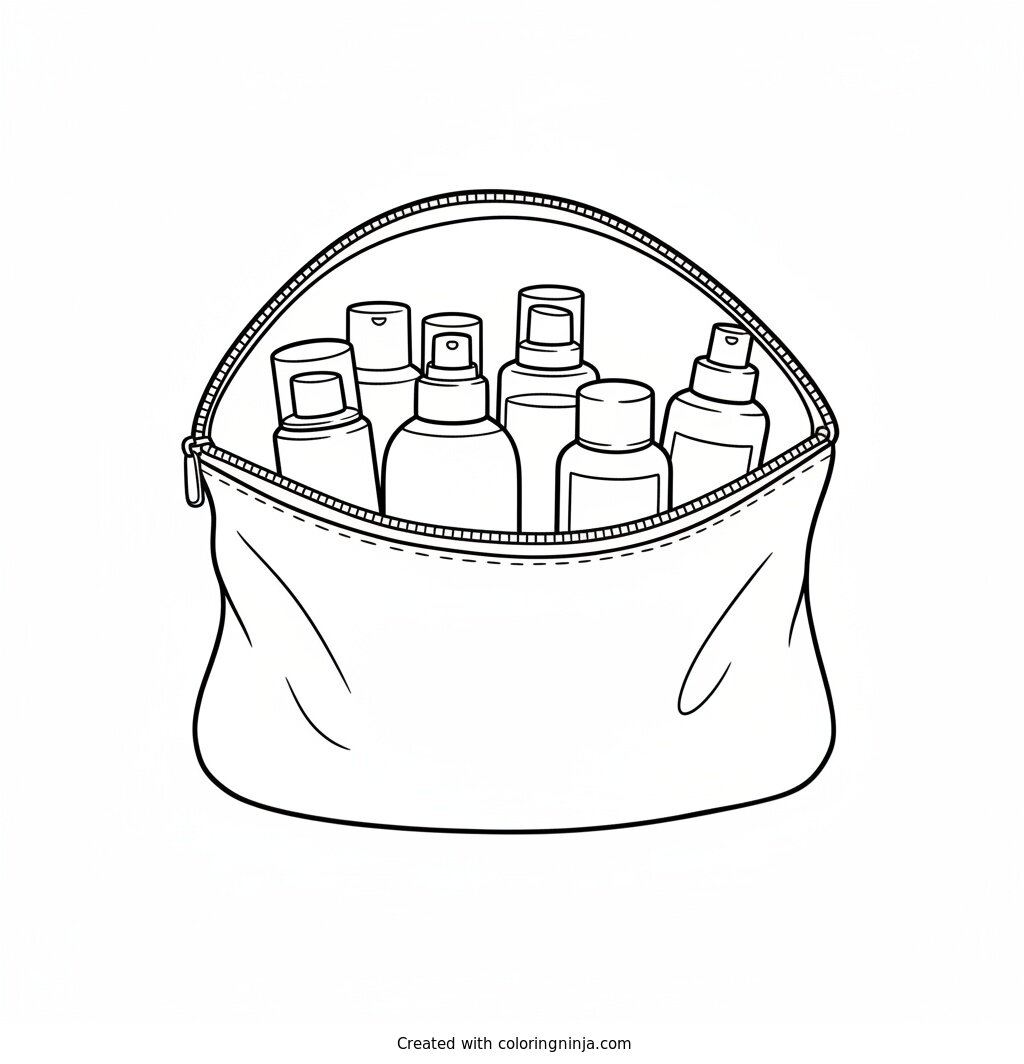 Coloring page of Travel-size skincare bottles lined up in a bag