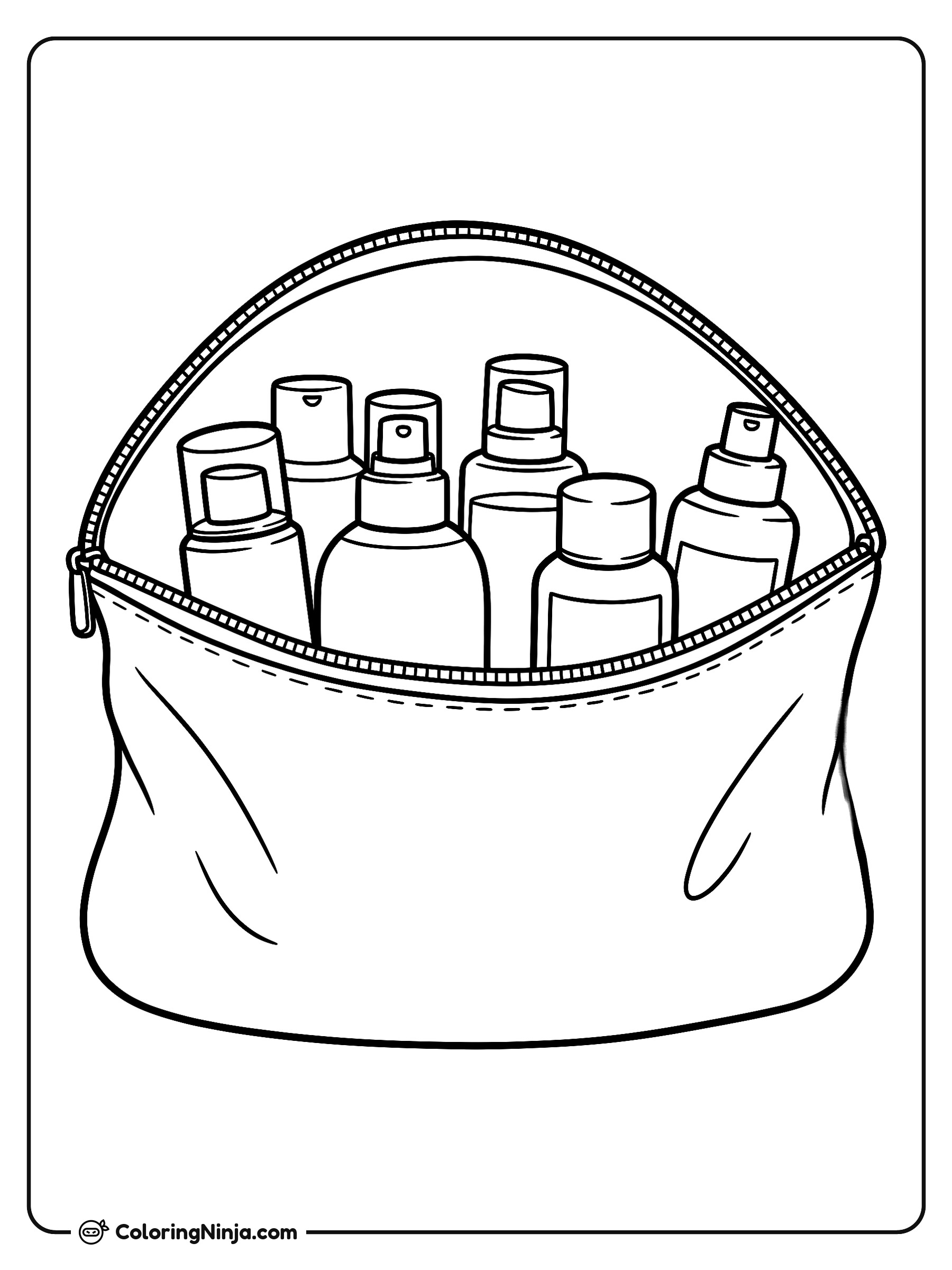 Botellas de viaje en un cosmetiquero: dibujo para colorear