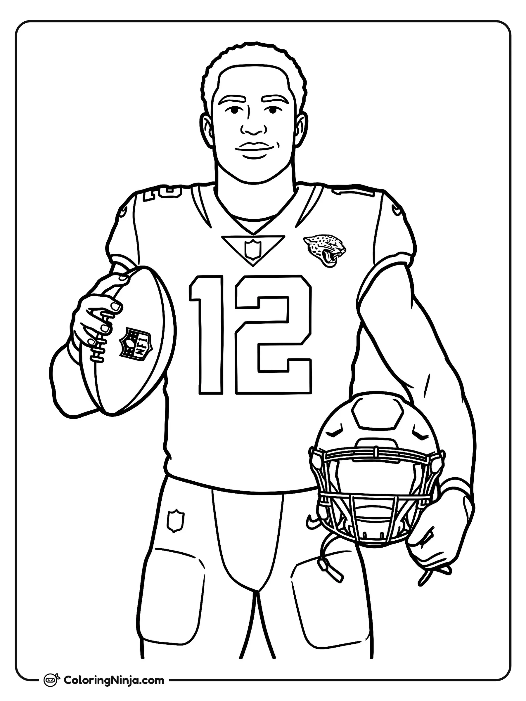 Retrato del jugador Travis Hunter, dibujo para colorear: Travis Hunter posa con confianza luciendo su uniforme completo de fútbol americano con el número doce en el jersey.