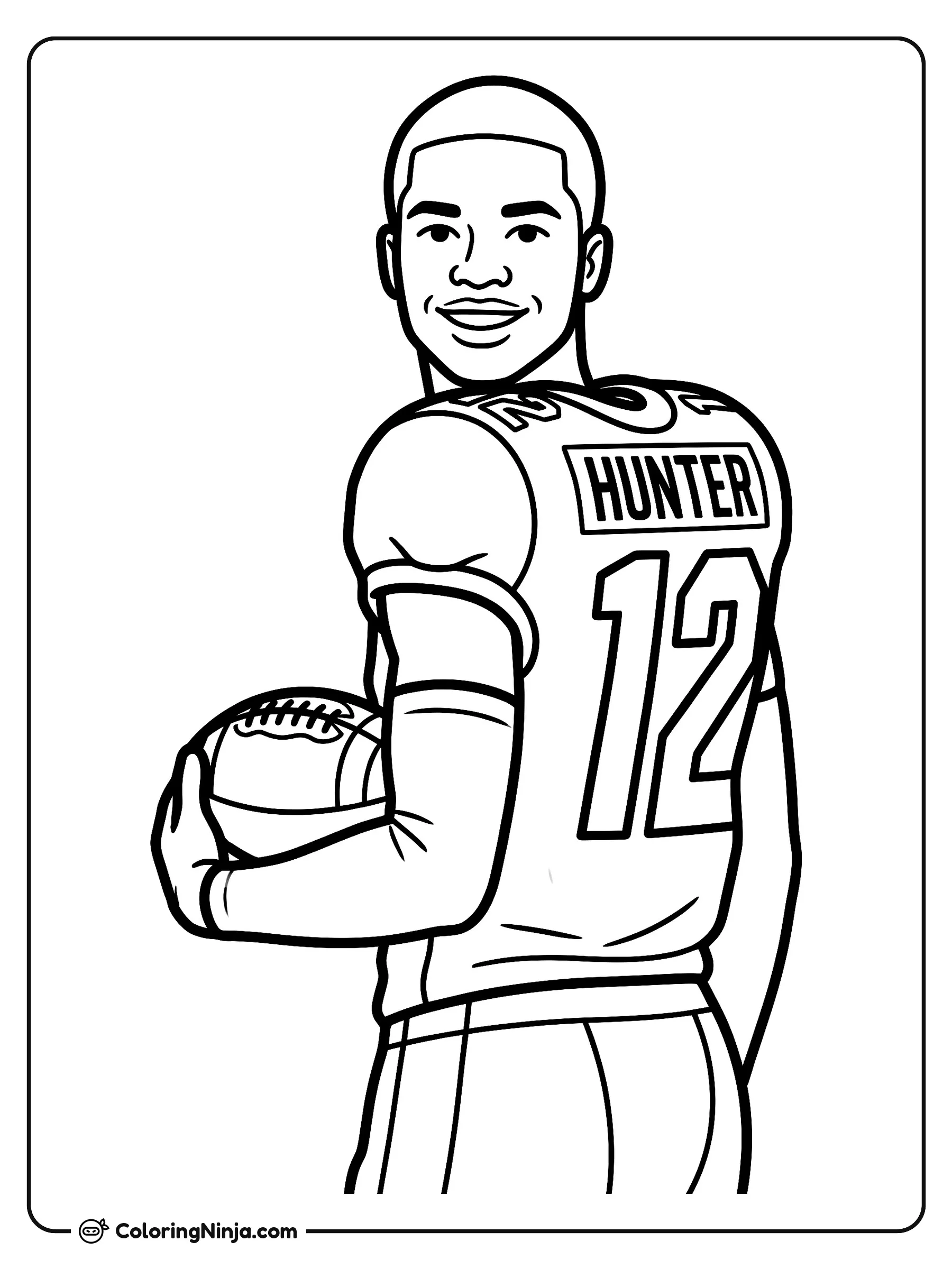 Travis Hunter sosteniendo un balón de fútbol, dibujo para colorear: El jugador de fútbol americano Travis Hunter posa sonriente mientras lleva un balón bajo el brazo. Lleva su uniforme deportivo con el número 12 y su apellido en la espalda.