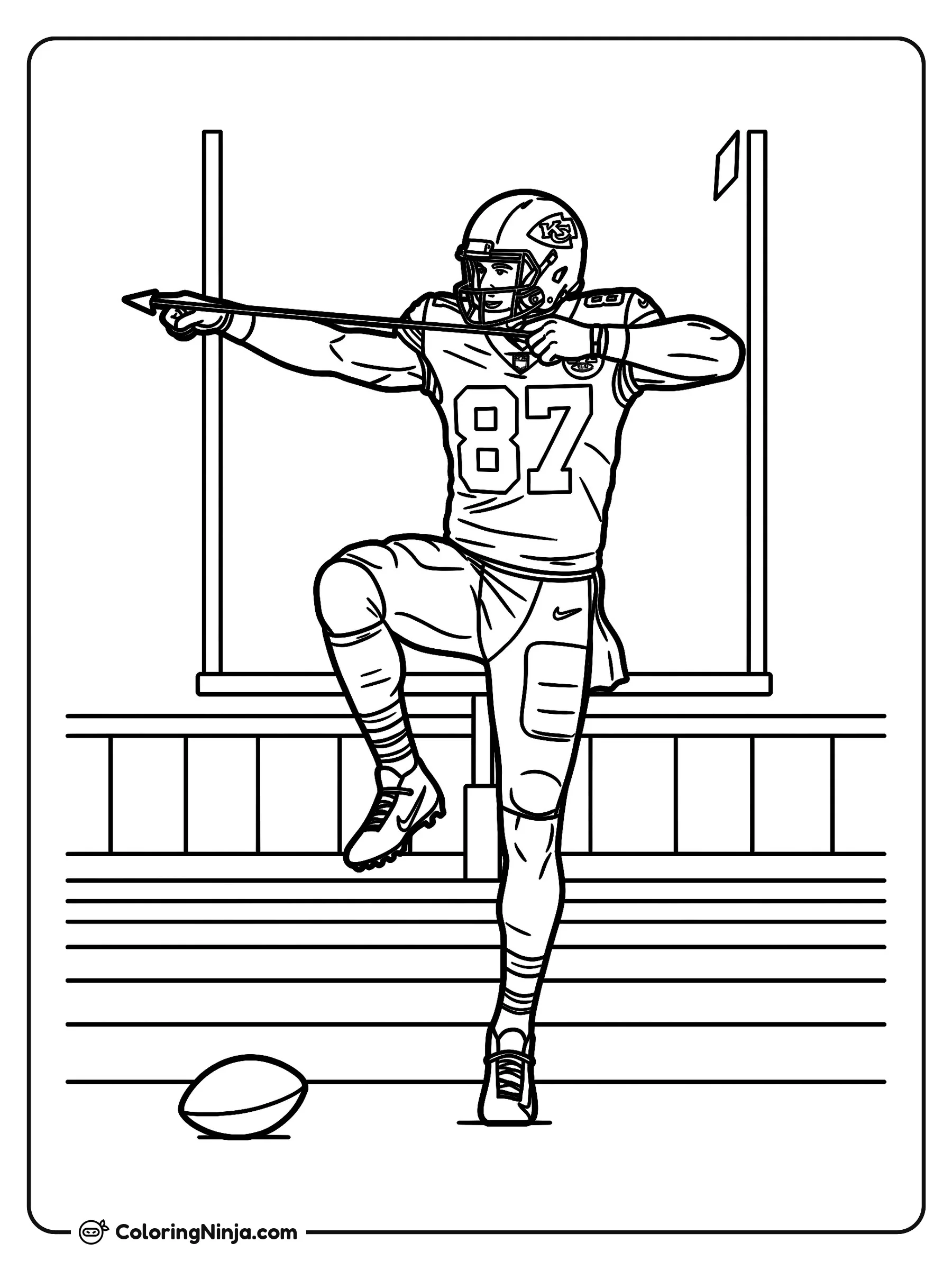 Baile del arquero de Travis Kelce, dibujo para colorear: Travis Kelce realiza su famosa pose del arquero en el campo de fútbol americano, justo en frente del poste de gol y con un balón cerca.