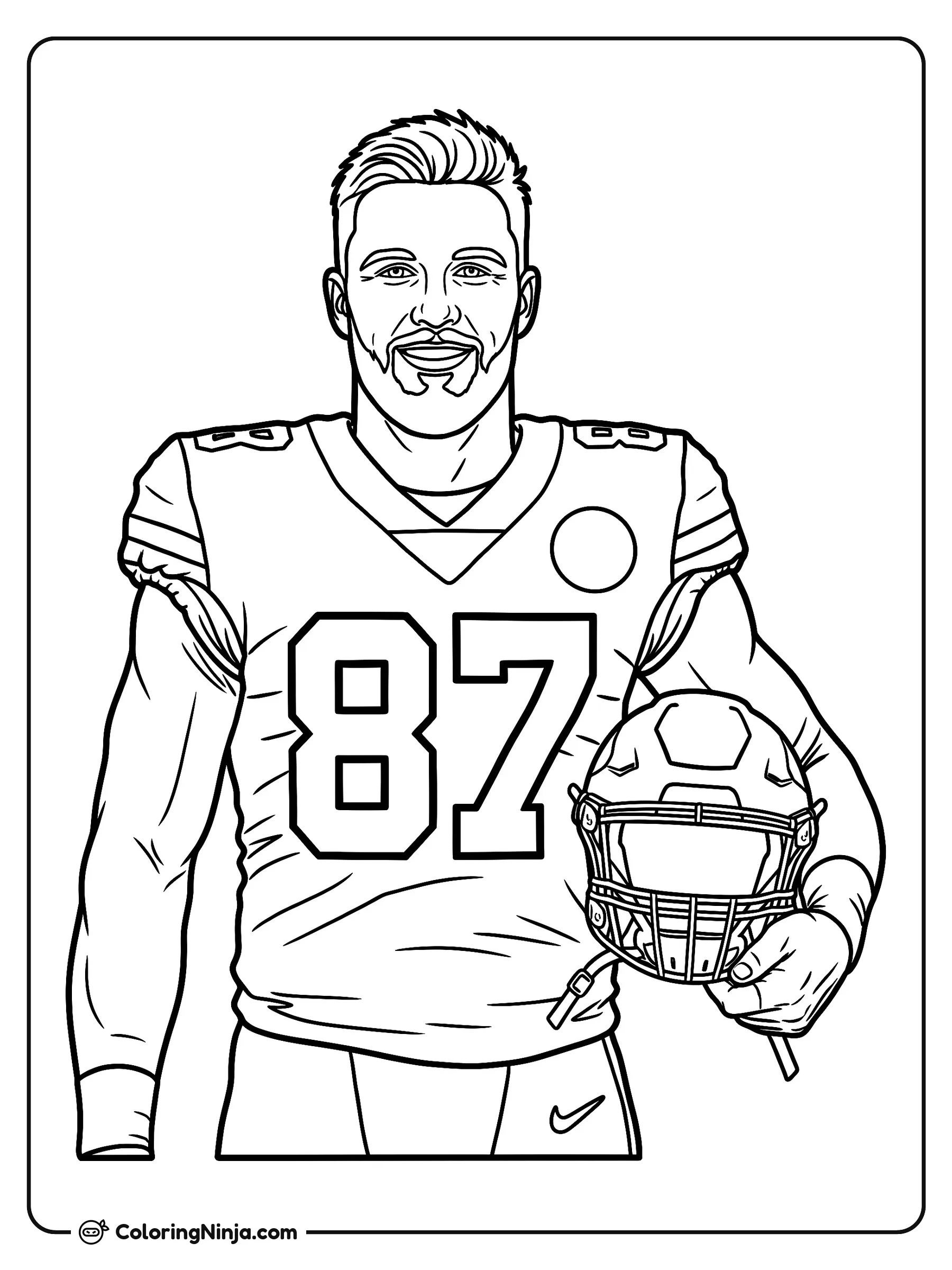 Retrato de Travis Kelce en el campo, dibujo para colorear: Travis Kelce sonríe con su uniforme de fútbol americano y el número 87, mientras sostiene su casco debajo del brazo.