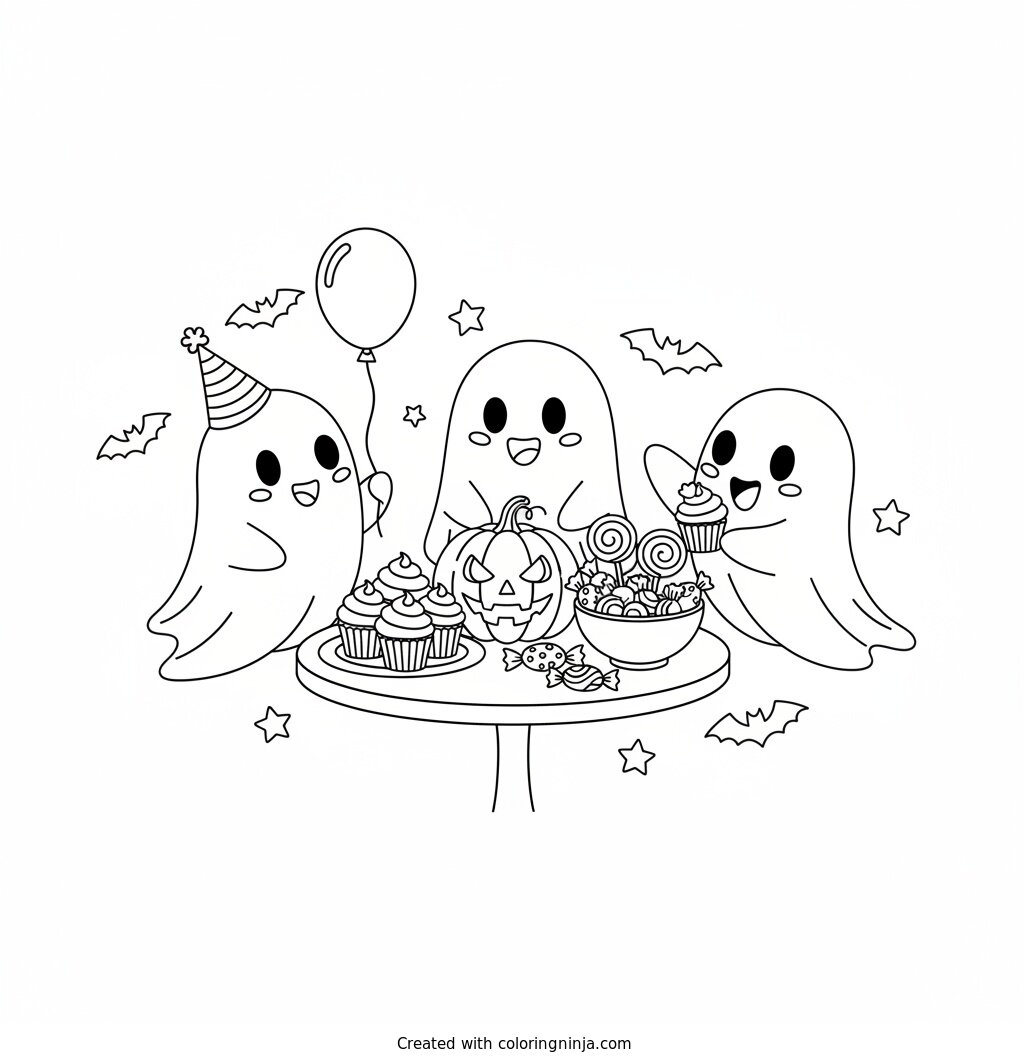 Tres Fantasmitas De Fiesta Coloring Page