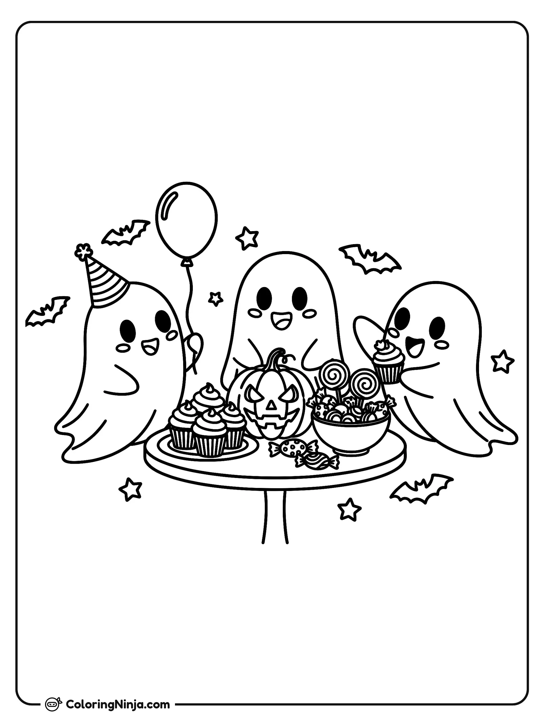 Tres fantasmitas de fiesta, dibujo para colorear: Tres simpáticos fantasmitas celebran alrededor de una mesa llena de dulces de Halloween, como una calabaza tallada, pastelitos, paletas y golosinas.