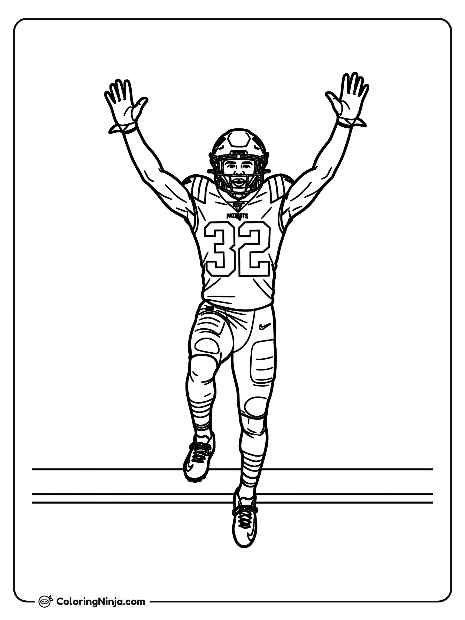 La alegría de TreVeyon Henderson tras un touchdown, dibujo para colorear: El jugador de fútbol americano TreVeyon Henderson celebra una anotación levantando los brazos en alto.