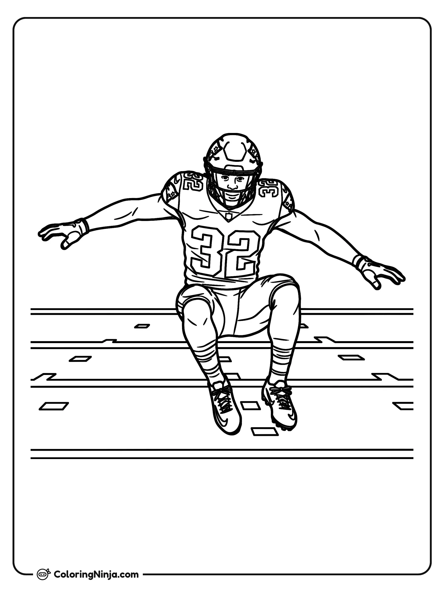 TreVeyon Henderson esquivando a la defensa, dibujo para colorear: TreVeyon Henderson salta por los aires para esquivar a los defensas en un campo de fútbol americano.