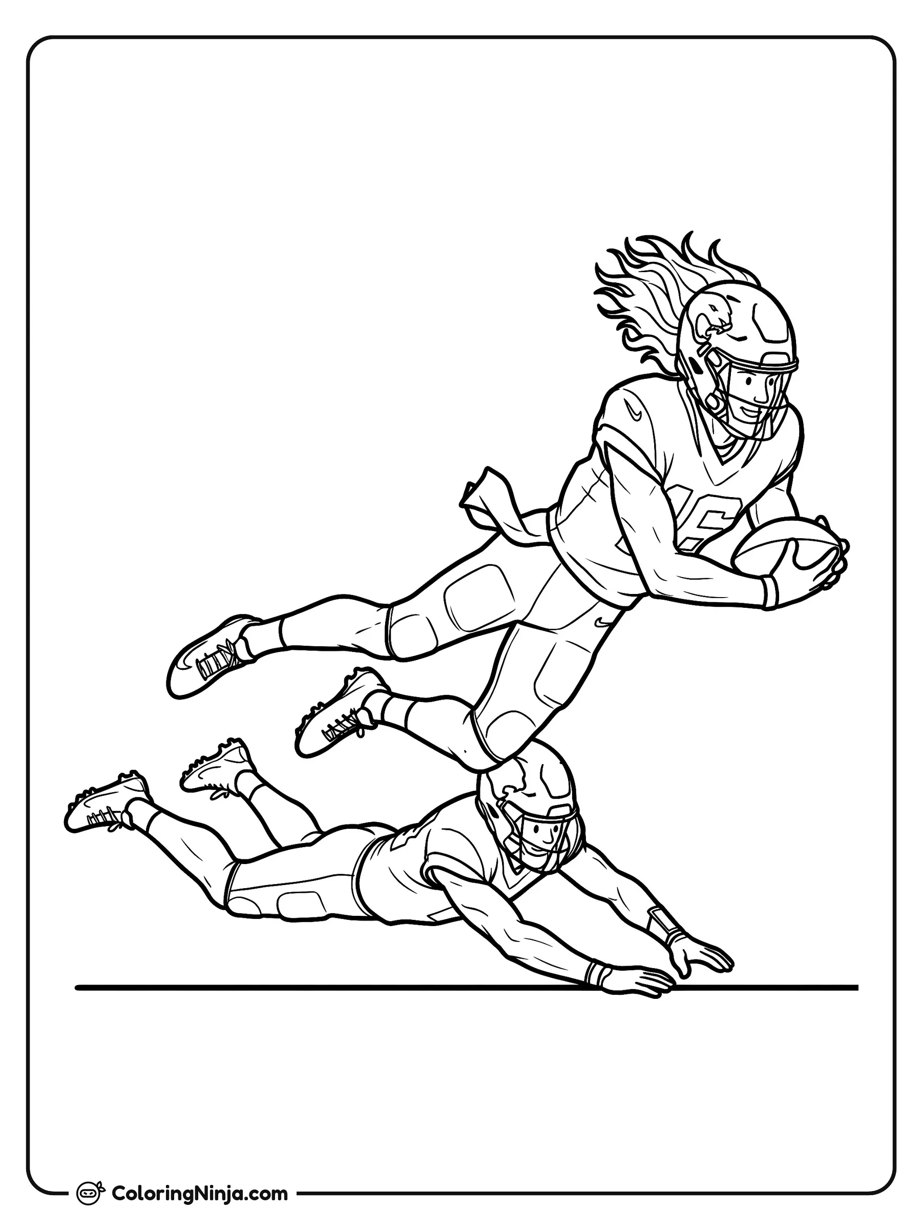 Salto de anotación de Trevor Lawrence, dibujo para colorear: El mariscal de campo Trevor Lawrence salta por el aire con su larga cabellera al viento mientras asegura el balón de fútbol americano.