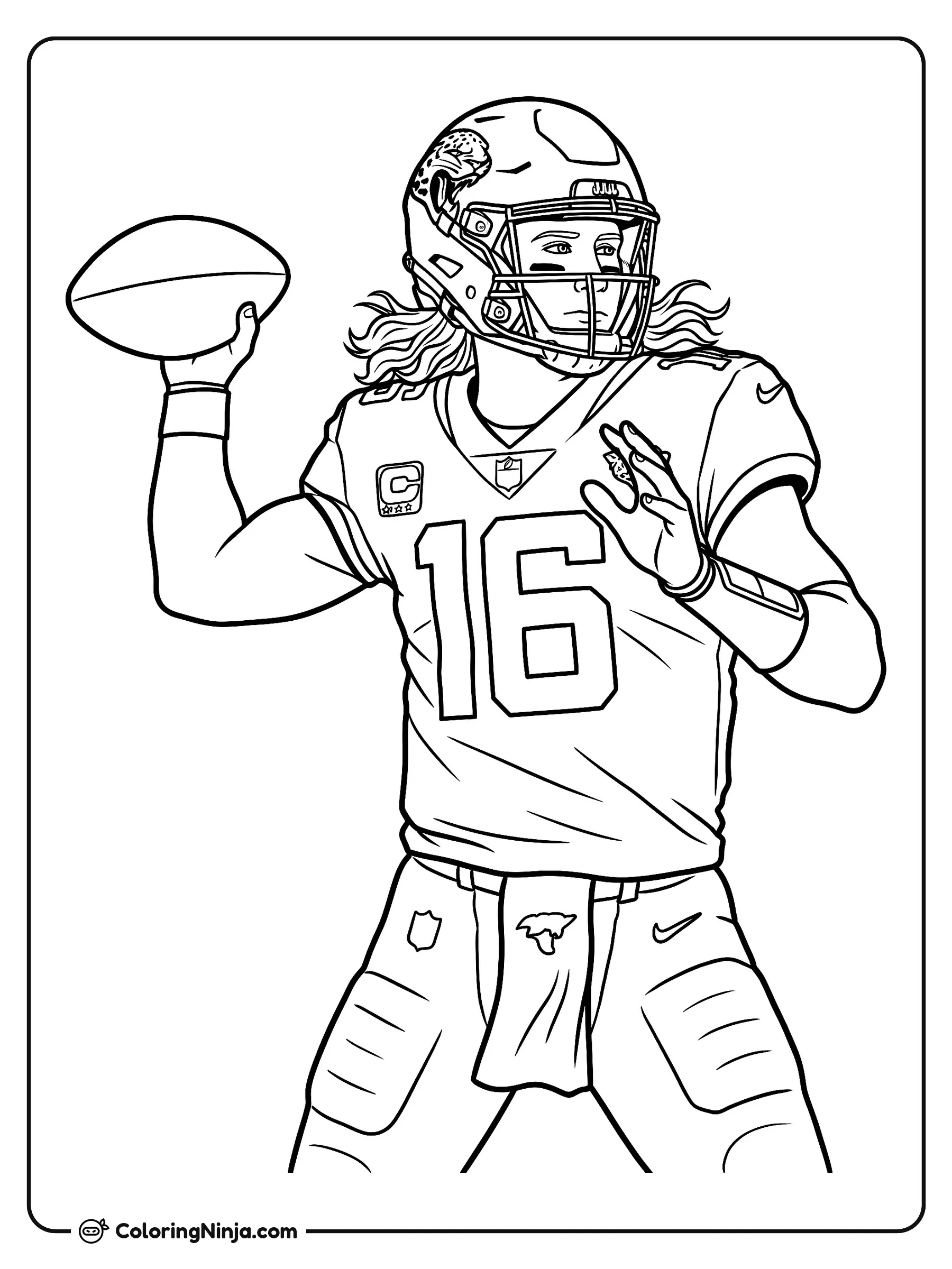 Trevor Lawrence listo para lanzar, dibujo para colorear: Trevor Lawrence se prepara en el campo de juego mientras echa el balón hacia atrás para hacer un pase largo.