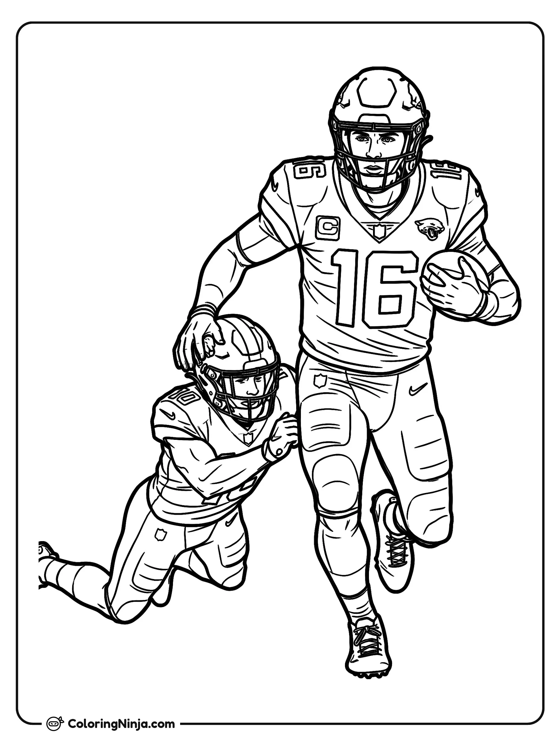 Trevor Lawrence esquivando a un rival, dibujo para colorear: Trevor Lawrence avanza a toda velocidad con el balón en la mano mientras evita la tacleada de un jugador rival.