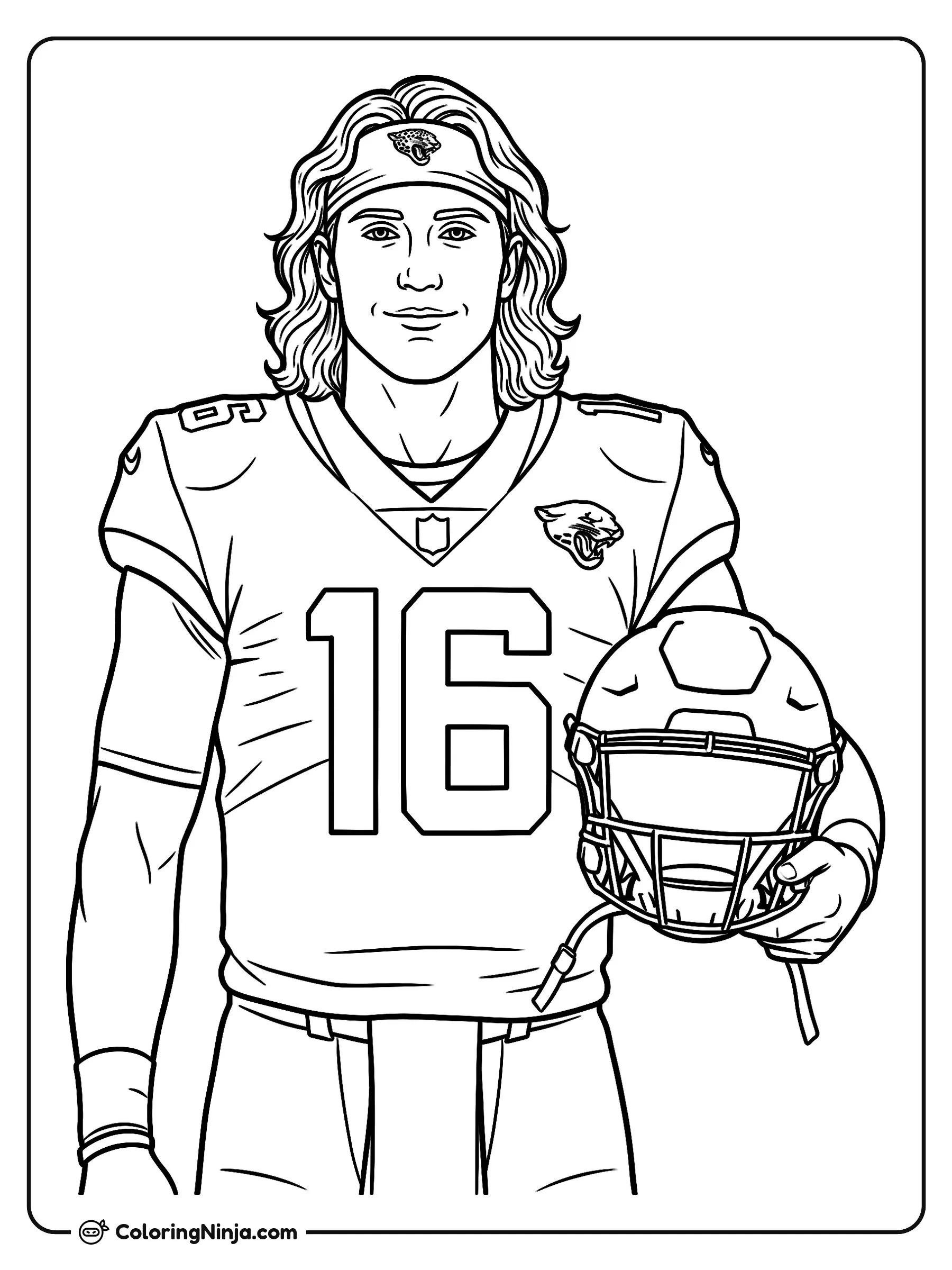 Retrato de Trevor Lawrence en la banda, dibujo para colorear: Trevor Lawrence posa con seguridad en la banda con su uniforme de fútbol americano y el número dieciséis en el pecho.