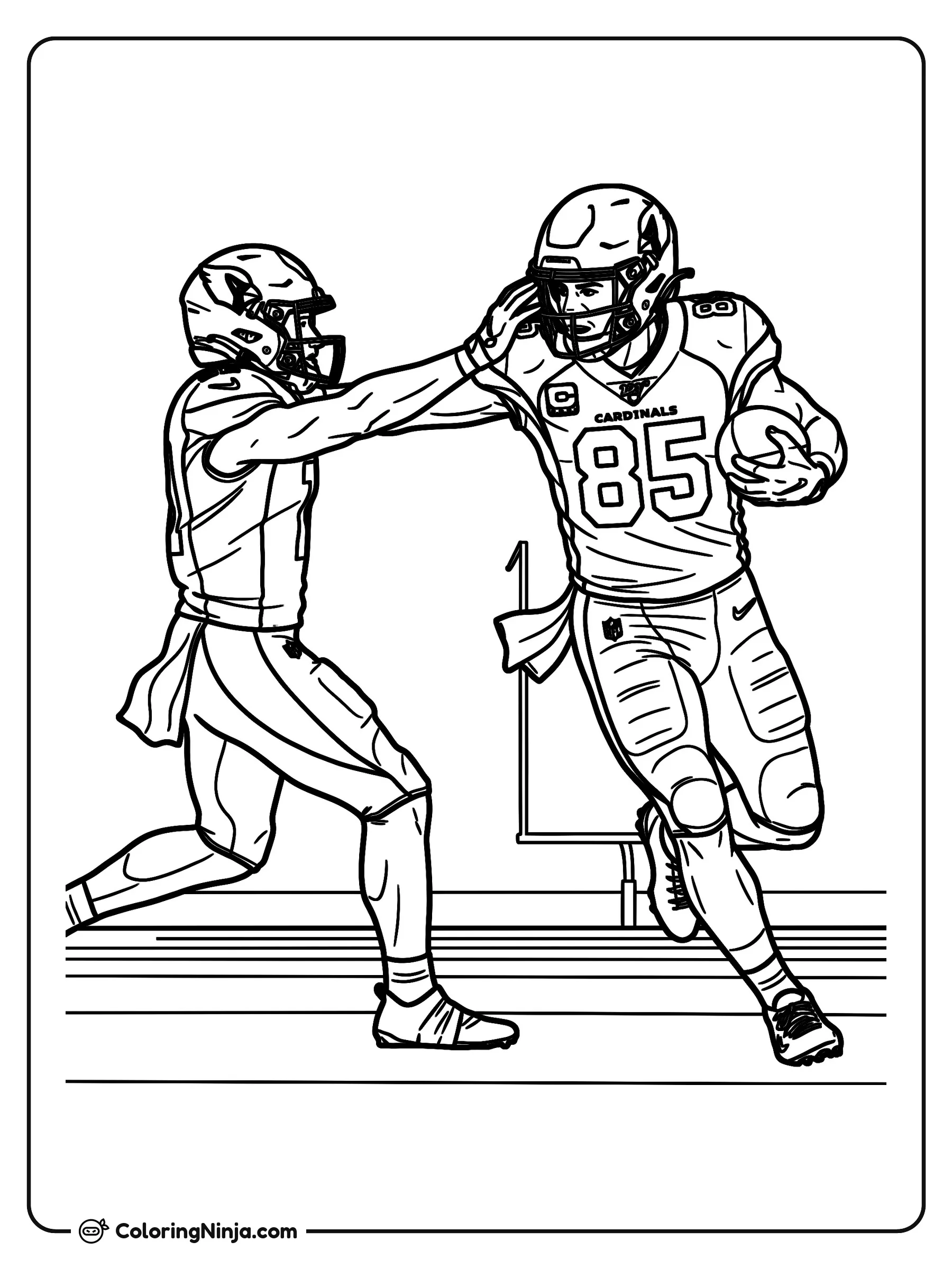 Trey McBride esquivando a un defensor, dibujo para colorear: El jugador de fútbol americano Trey McBride corre por el campo con el balón mientras viste el número 85.