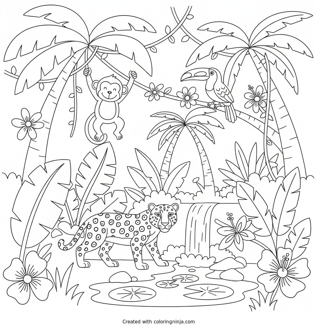 A coloring page of tropical rainforest