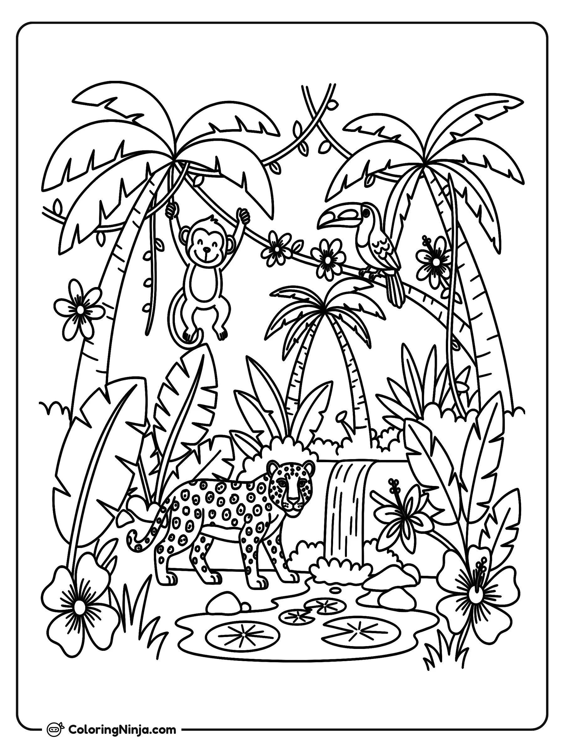 Selva tropical con animales divertidos, dibujo para colorear: Un alegre mono se balancea entre las lianas mientras un tucán descansa sobre una rama rodeado de palmeras.