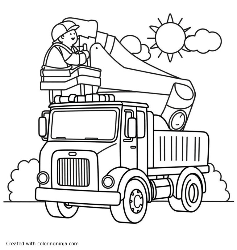 A coloring page of A Truck With A Cherry Picker Lifting A Worker To Power Lines