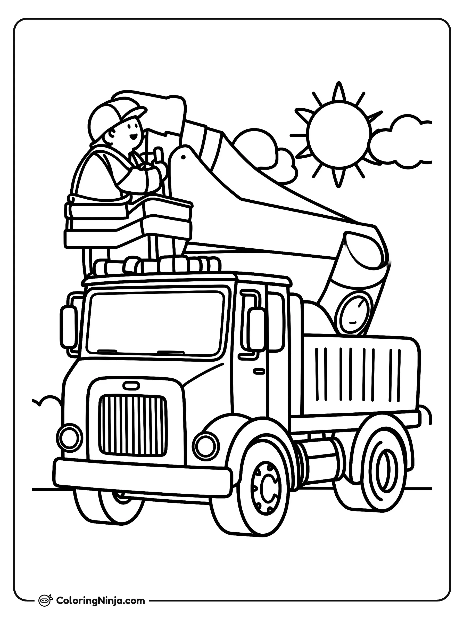 Camión con Canastilla en Trabajo, dibujo para colorear: Un trabajador se encuentra en la canastilla elevada de un camión mientras sostiene los controles por encima de la cabina.