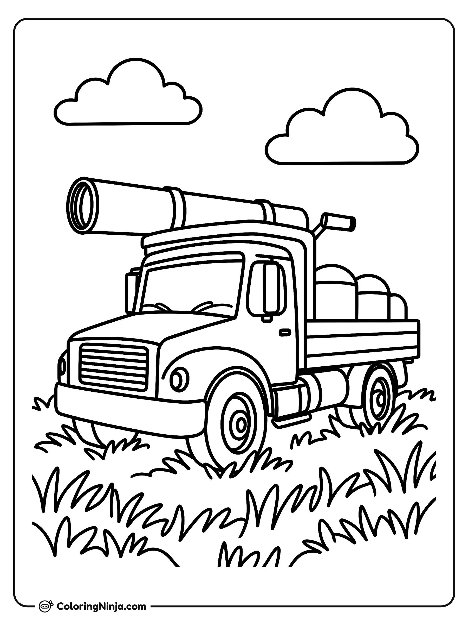 Camión Observatorio Móvil para Estrellas, dibujo para colorear: Un camión observatorio móvil está estacionado en un amplio campo de hierba bajo un cielo con esponjosas nubes.