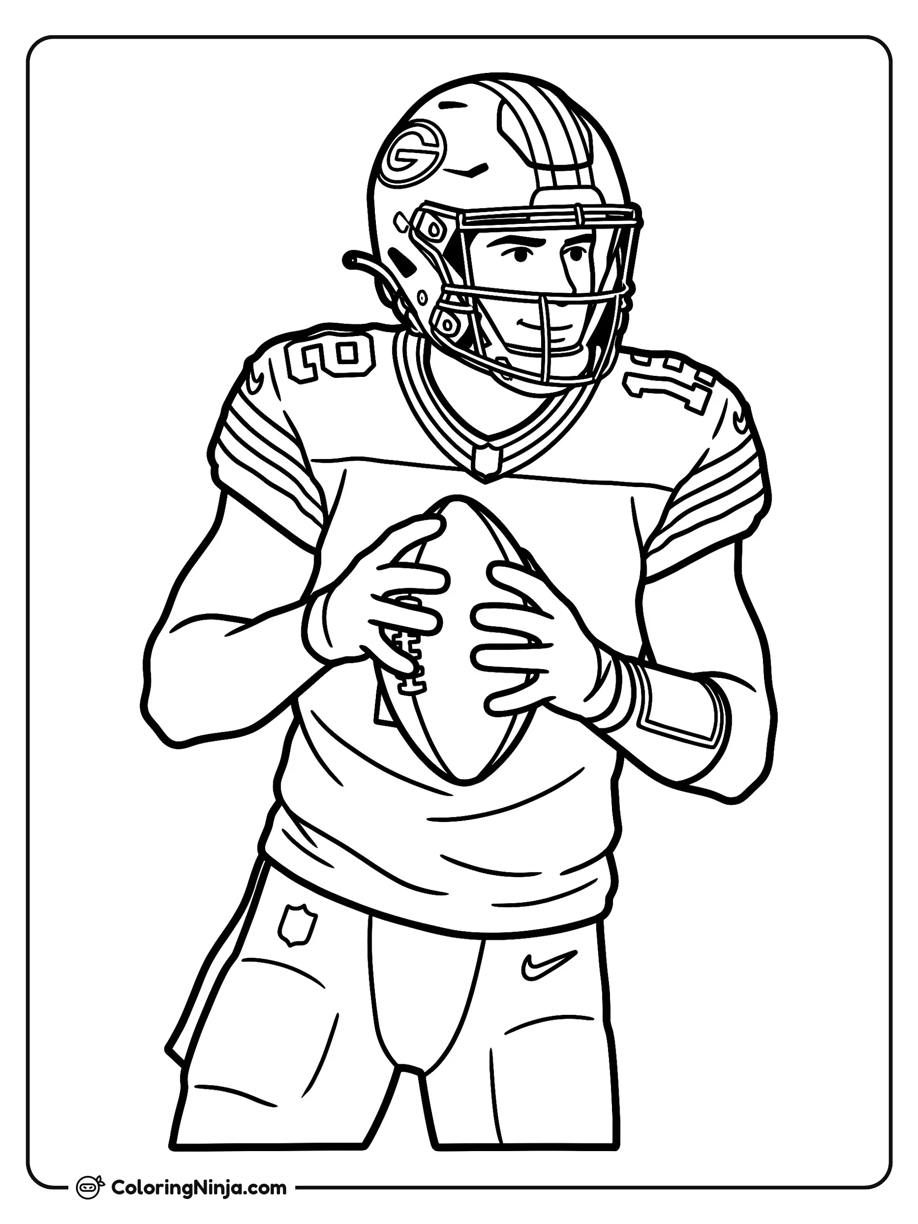 Tucker Kraft de Green Bay Packers, dibujo para colorear: Tucker Kraft de los Green Bay Packers está listo en el campo con su uniforme completo de fútbol americano.