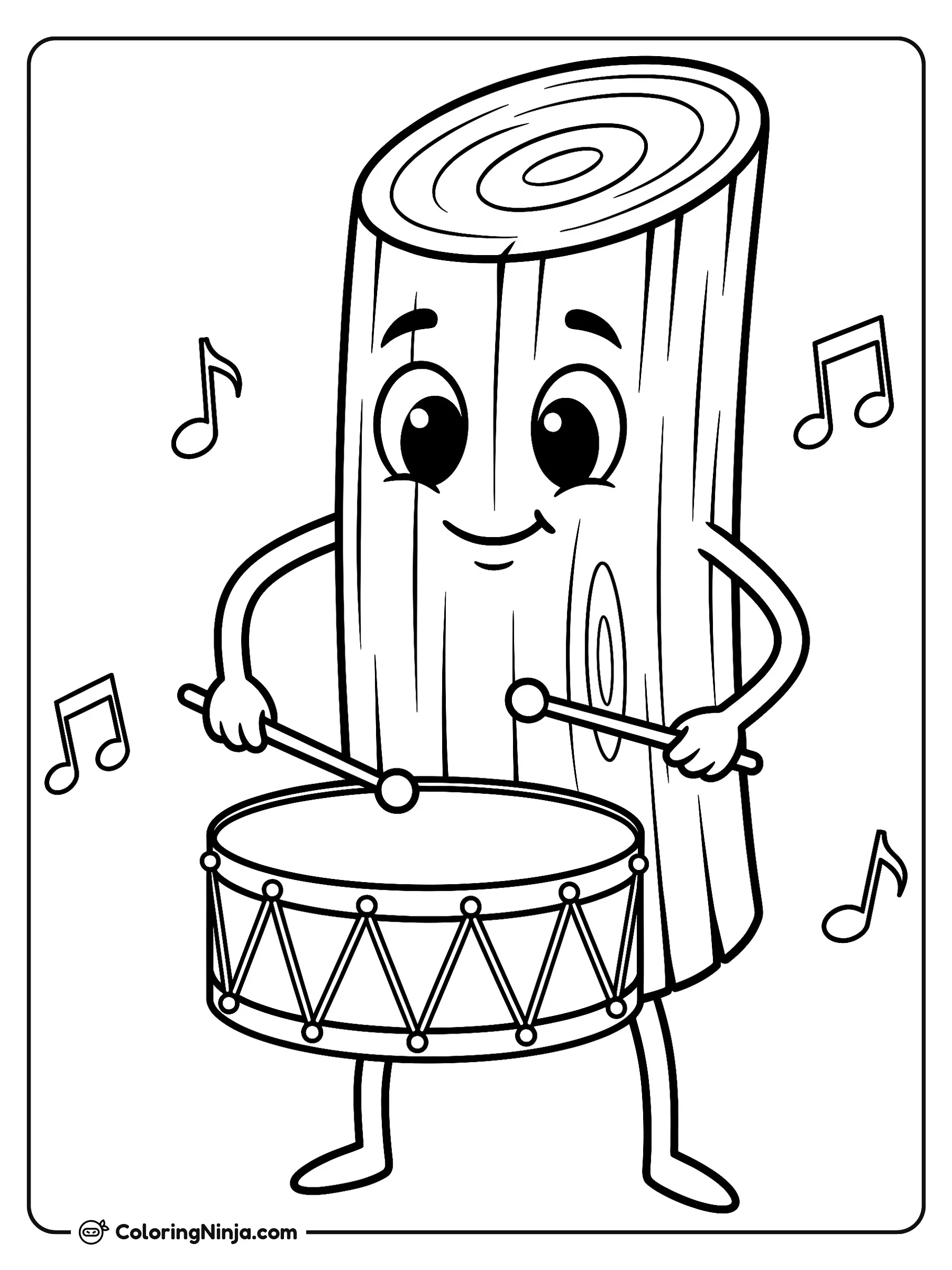 Tung Tung Tung Sahur tocando el tambor, dibujo para colorear: Tung Tung Tung Sahur posa alegremente mientras toca un gran tambor con dos baquetas.