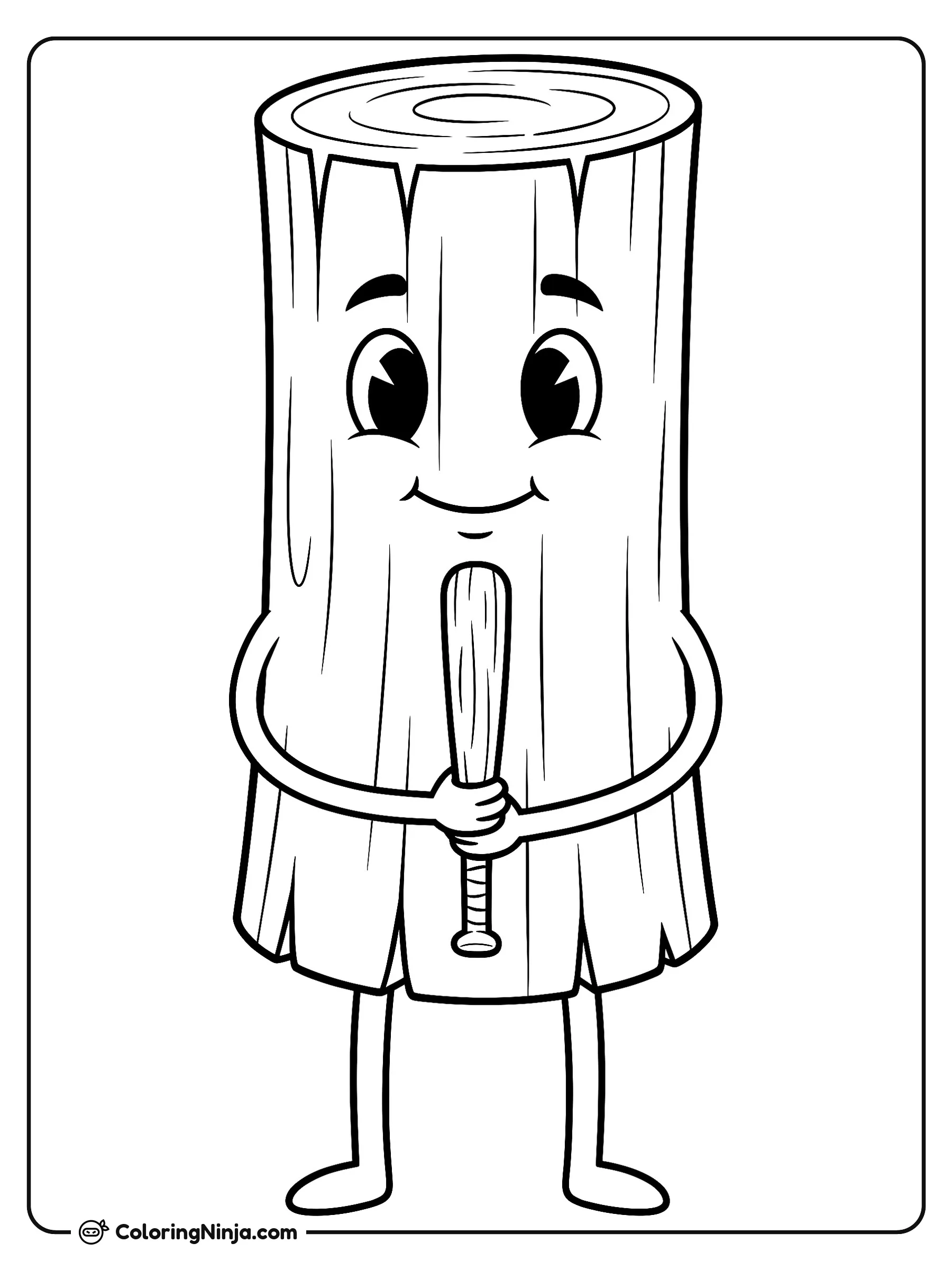 Tung Tung Tung Sahur, dibujo para colorear: Un alegre personaje en forma de tronco de madera llamado Tung Tung Tung Sahur sostiene un pequeño mazo con ambas manos.