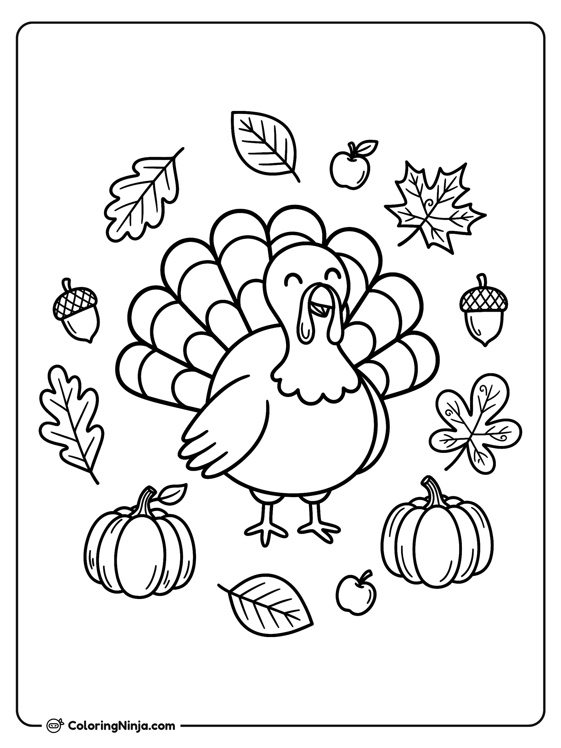 Pavo alegre y elementos del otoño: dibujo para colorear