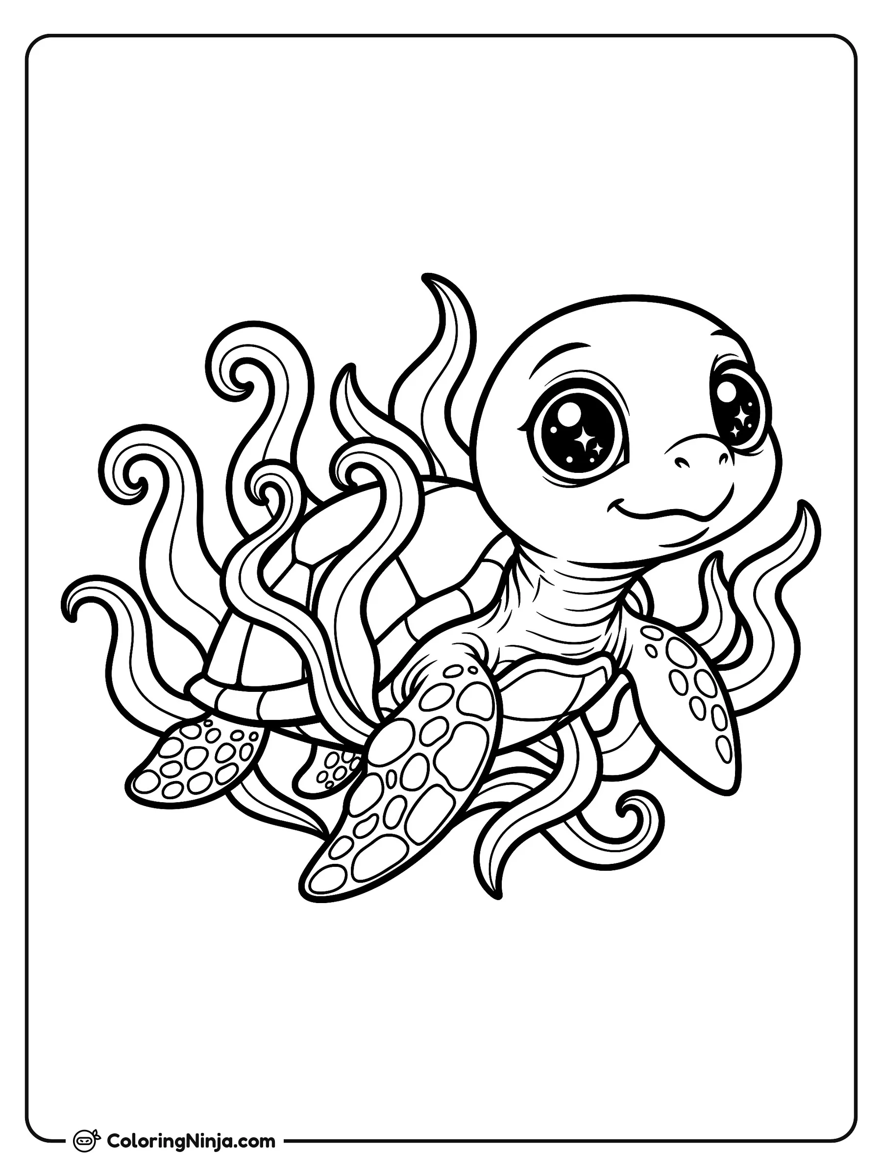 Una tortuga con ojos brillantes, dibujo para colorear: Una alegre tortuga marina de grandes ojos brillantes nada plácidamente entre plantas acuáticas. Sus aletas estampadas se extienden mientras se desplaza suavemente bajo el mar.
