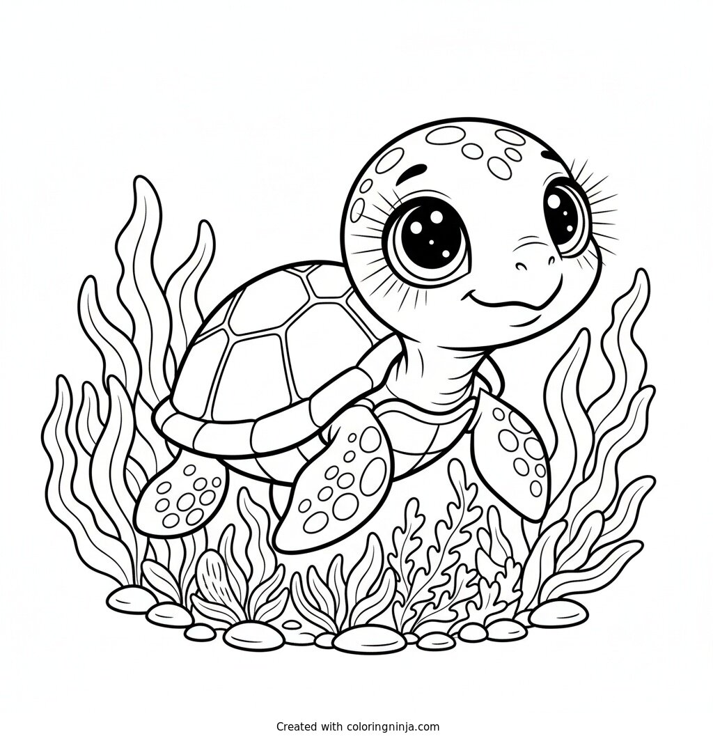 A Turtle Among Seaweed Coloring Page