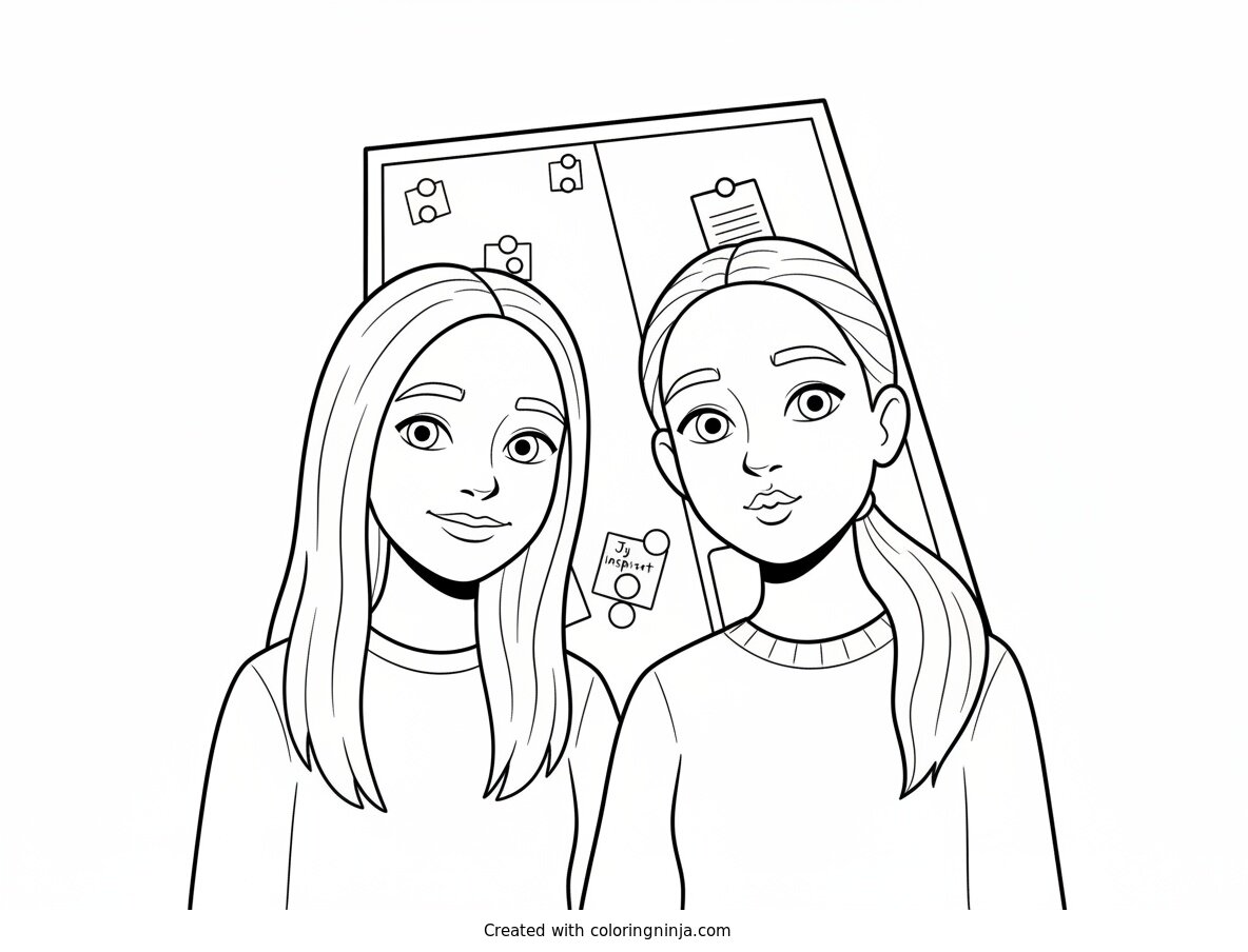 Coloring page of Two Blonde Girls Posing for a Selfie