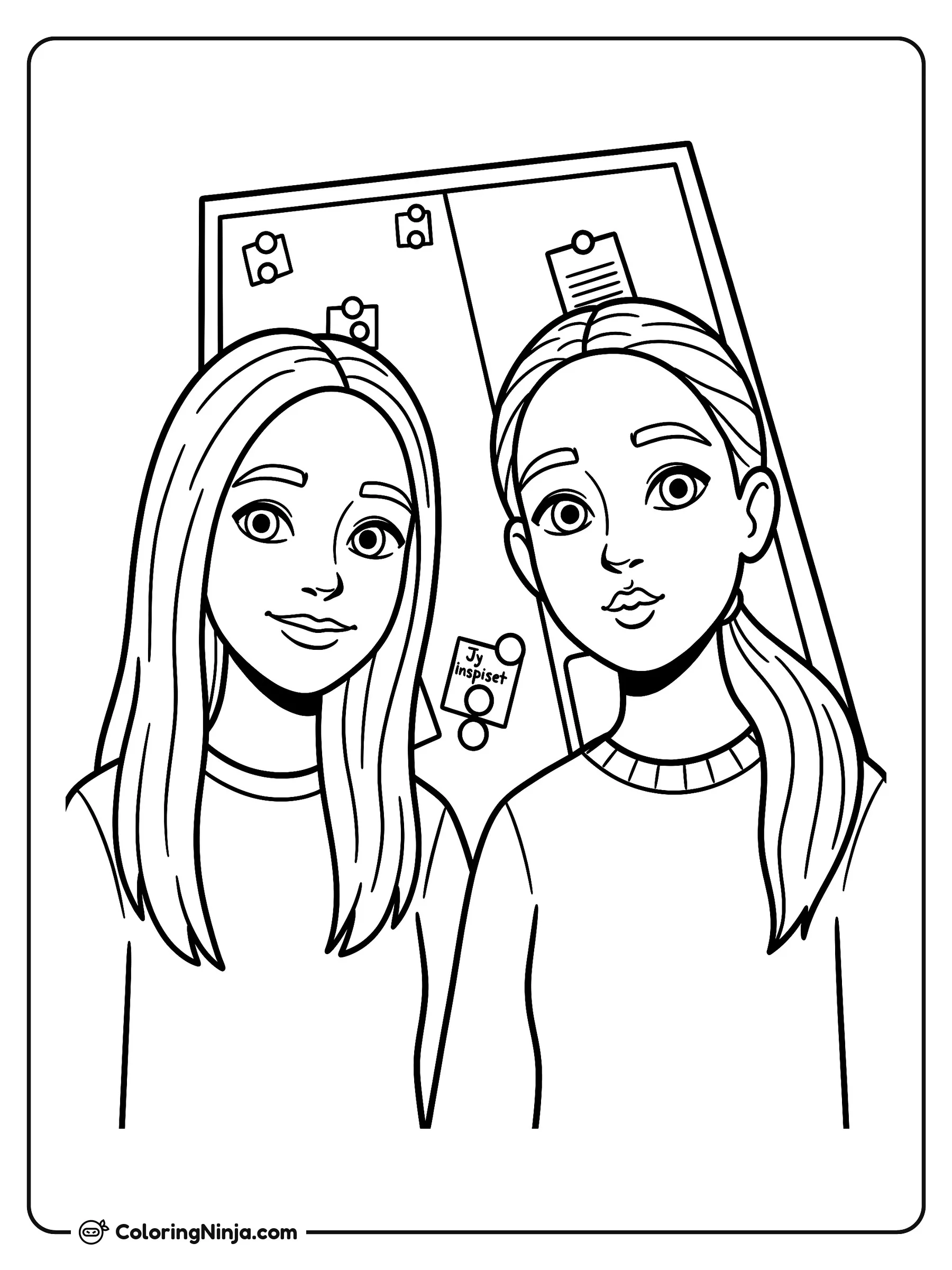 Dos chicas rubias posando juntas, dibujo para colorear: Dos amigas rubias posan juntas sonriendo para un lindo retrato. Detrás de ellas hay un gran tablero con notas, papeles y pequeños pines.