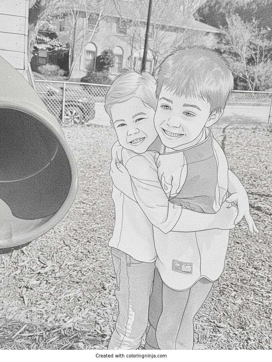 Coloring page of Two Boys Hugging at the Playground