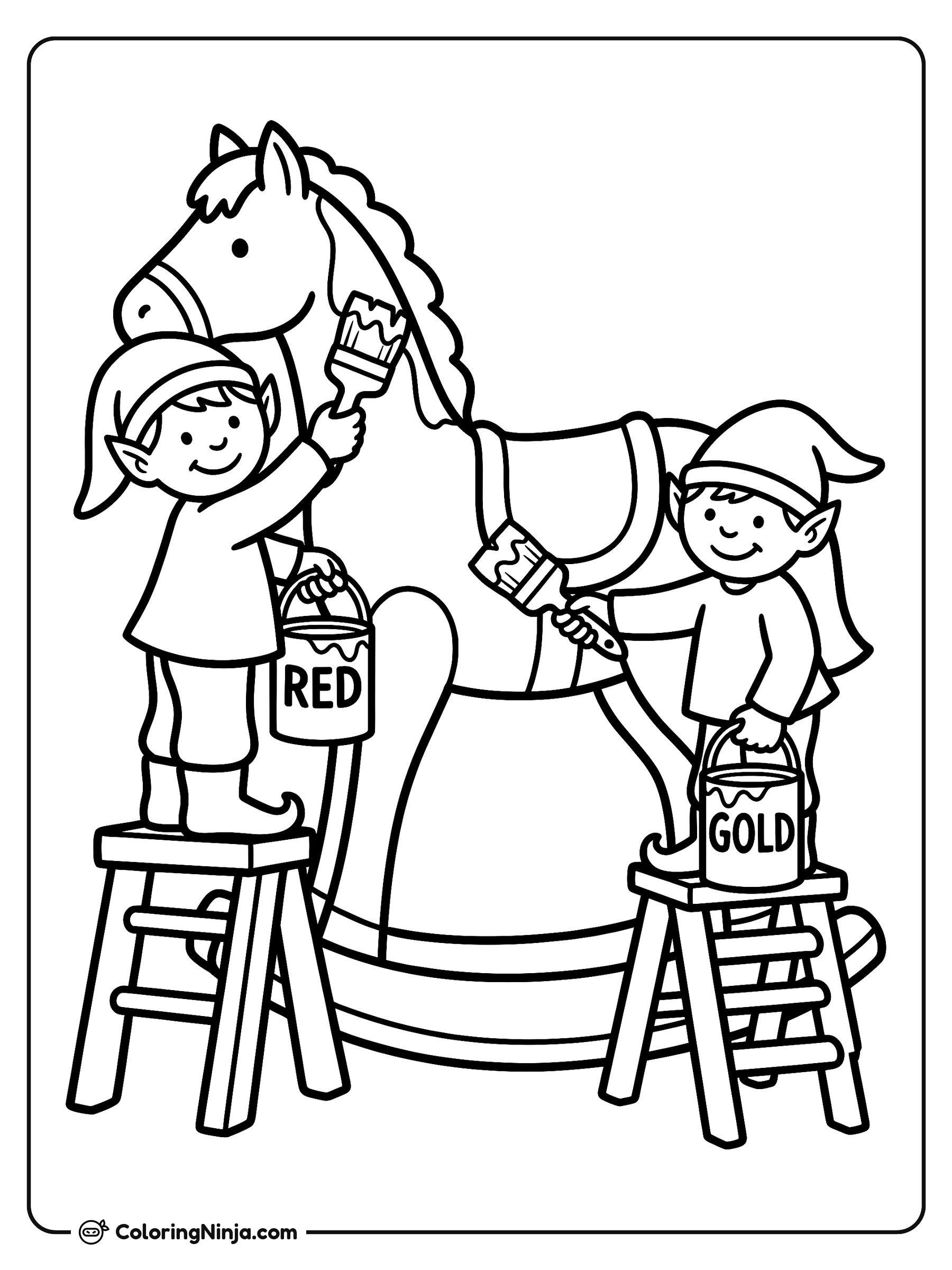 Elves Painting Rocking Horse Coloring Page