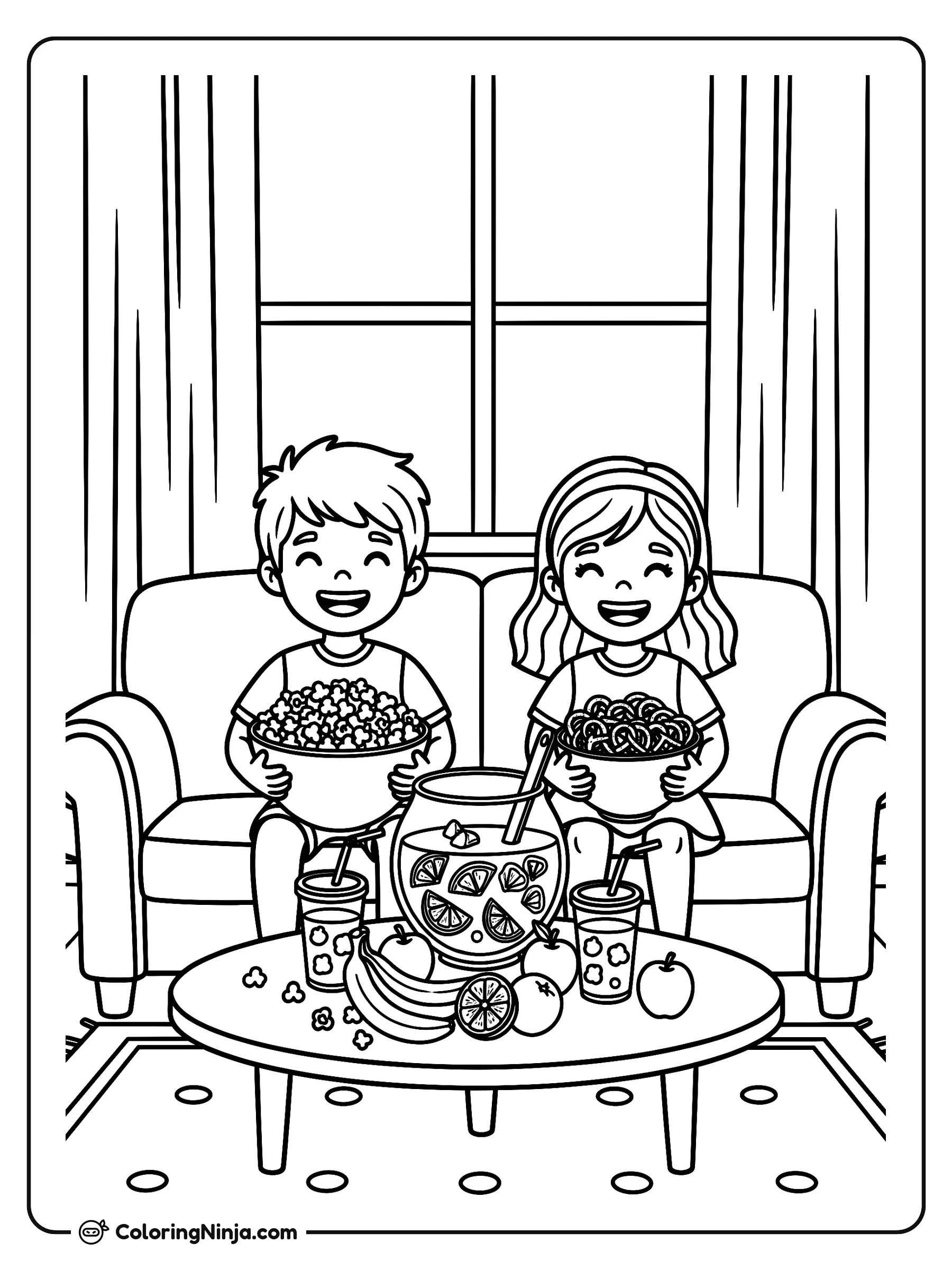 Fiesta de Bocadillos el Día del Partido, dibujo para colorear: Un niño y una niña muy alegres están sentados en un sofá frente a la ventana sosteniendo tazones con palomitas de maíz y pretzels.