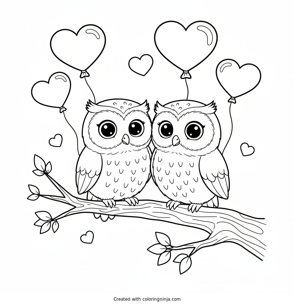 Sweet Owls on a Branch Coloring Page