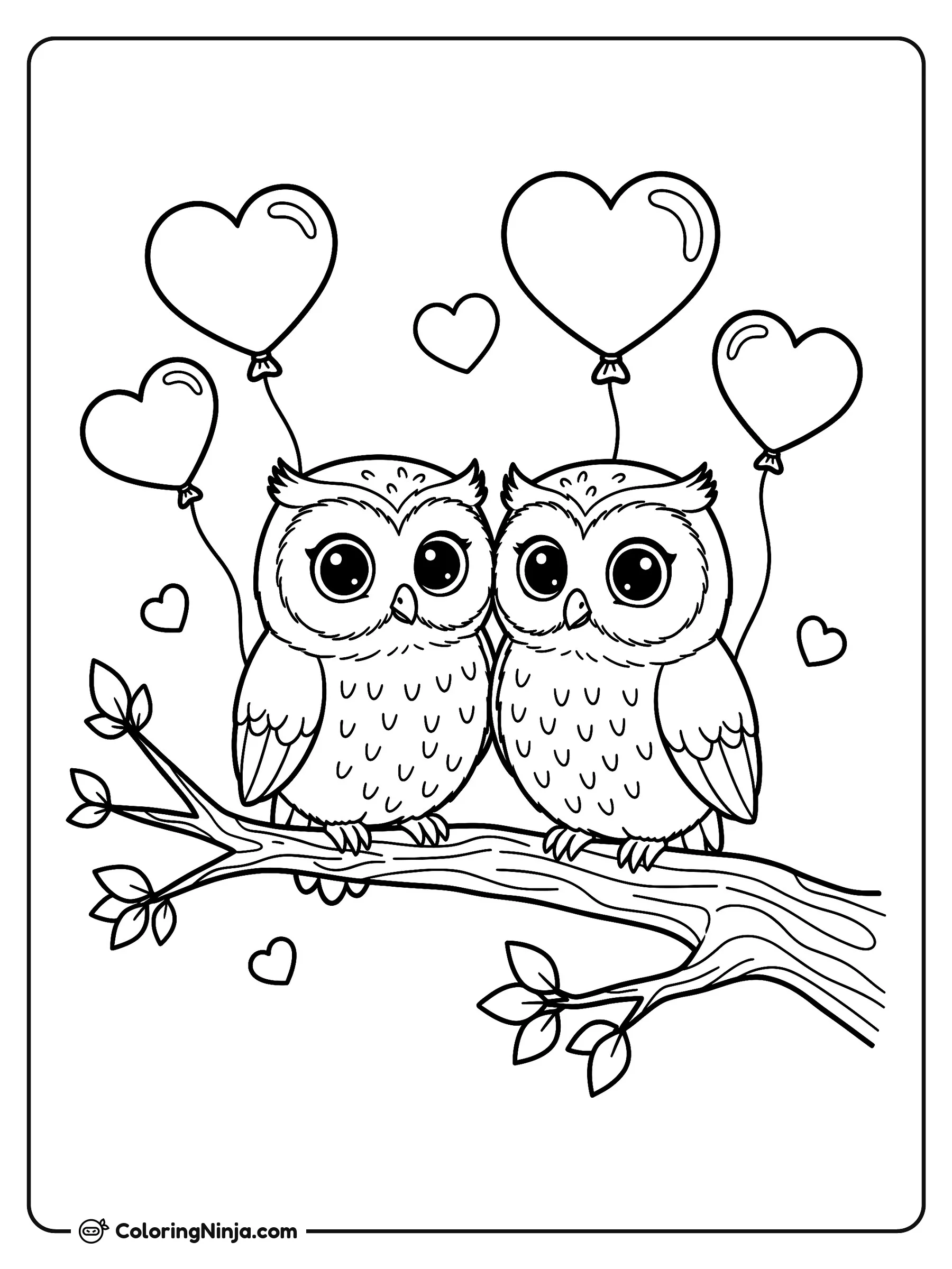 Lindo par de búhos en una rama, dibujo para colorear: Dos tiernos búhos descansan juntos sobre la rama de un árbol rodeados de globos y pequeños corazones flotantes.