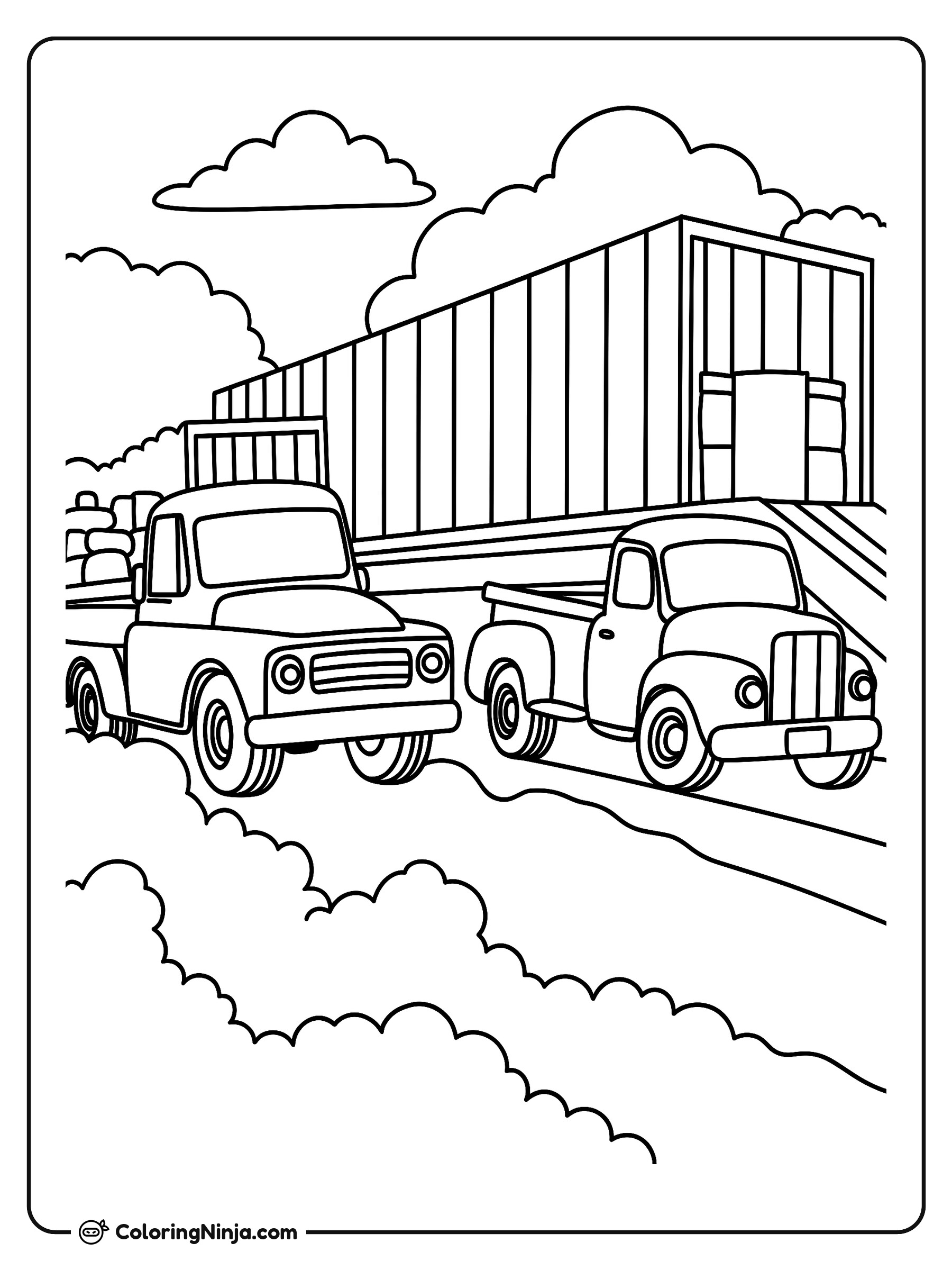 Dos camionetas cerca de un almacén: dibujo para colorear